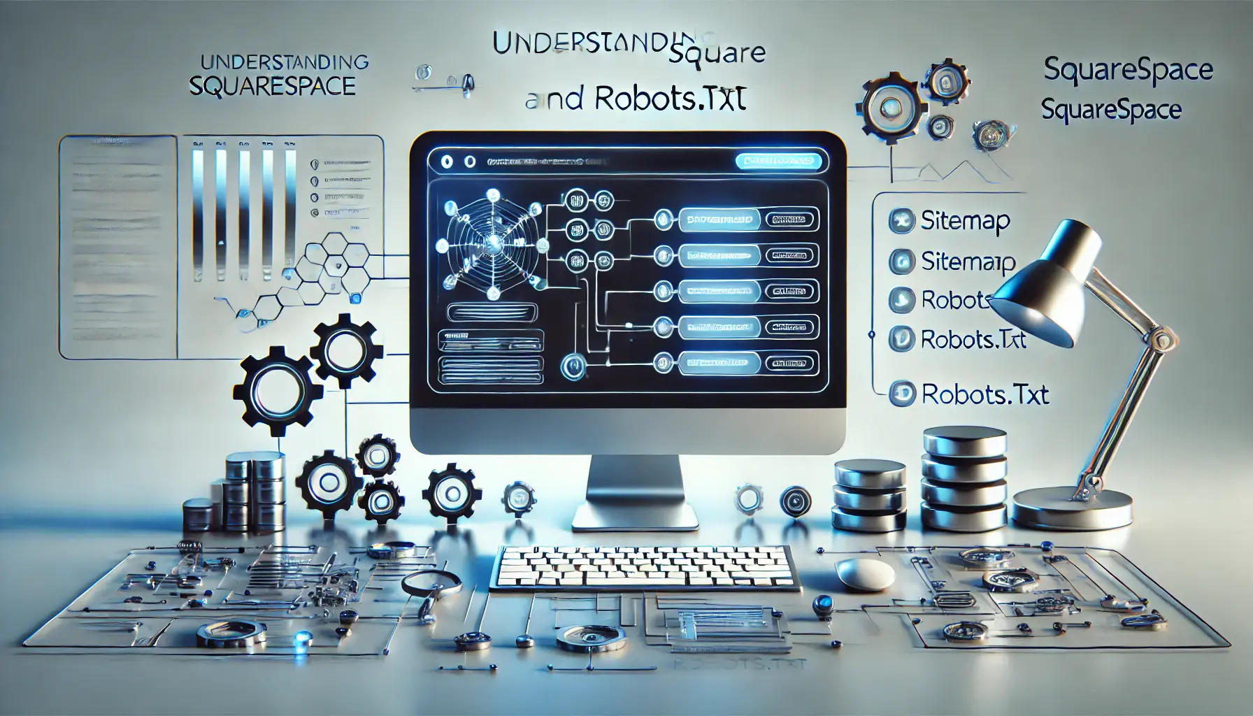 A computer screen displaying sitemap and robots.txt settings, with surrounding elements like hierarchical structures, gears, and SEO charts symbolizing website optimization and indexing.