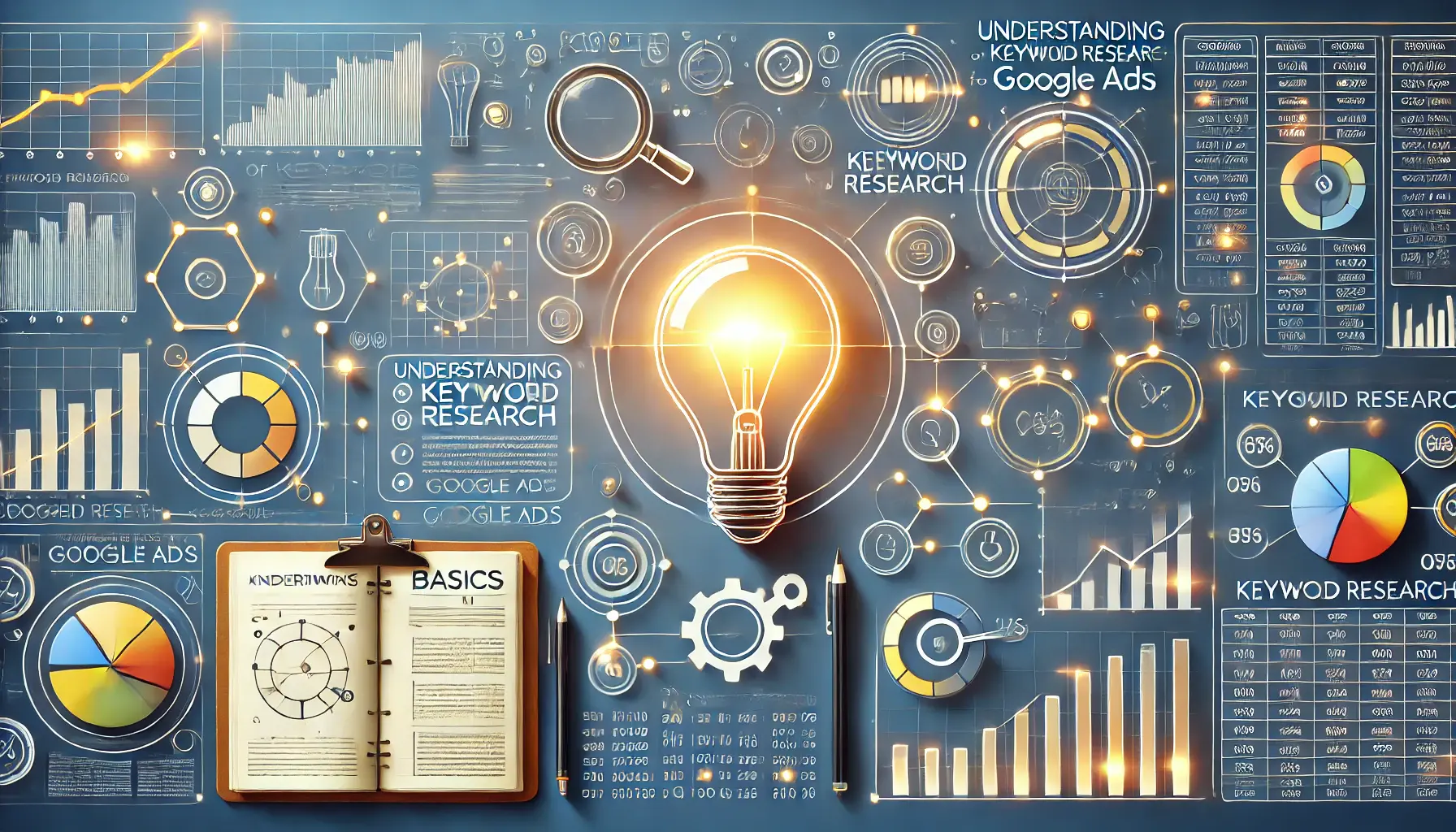 A visual representation of understanding the basics of keyword research for Google Ads, featuring a lightbulb and a diagram.