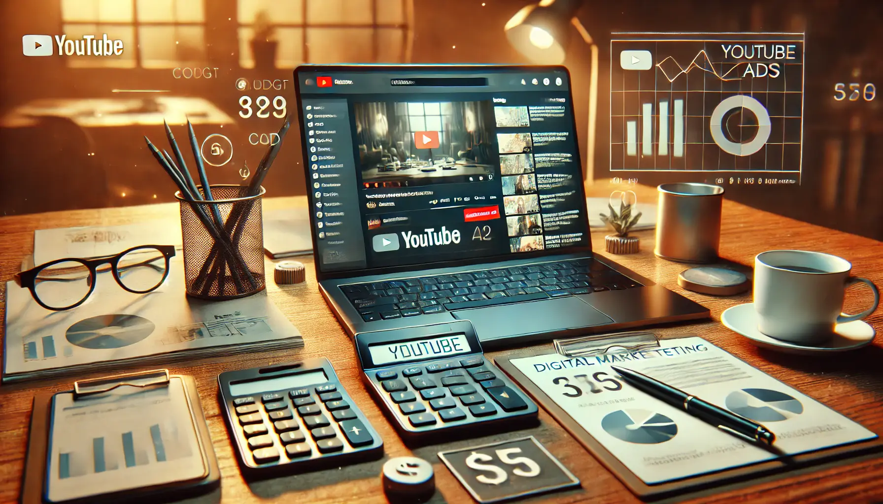 A realistic image of a business workspace with a laptop displaying a YouTube ad interface and digital marketing tools, symbolizing cost management for YouTube ads.