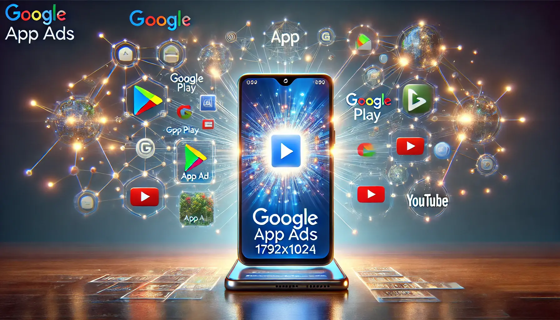 Smartphone displaying app ad with network connections to Google platforms like Google Play, Search, and YouTube