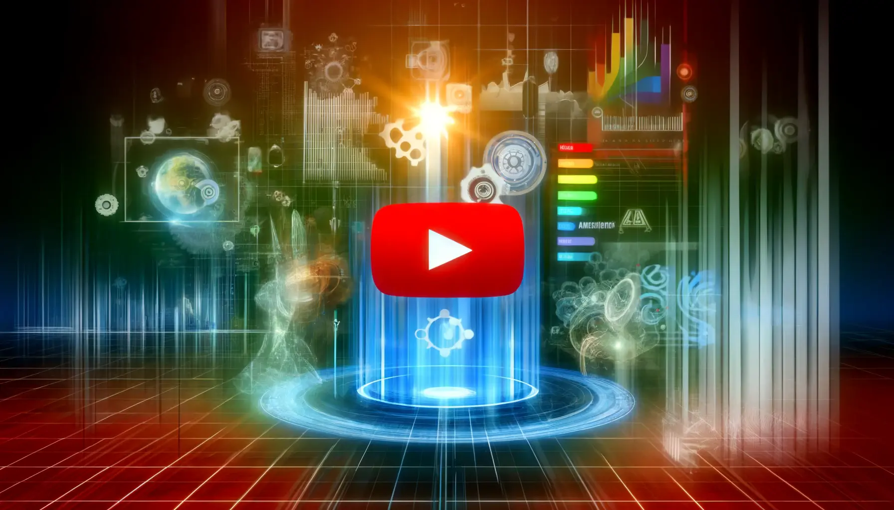 A dynamic illustration of analytics in YouTube advertising, showing abstract data tracking elements like graphs and metrics with YouTube and Google color accents.