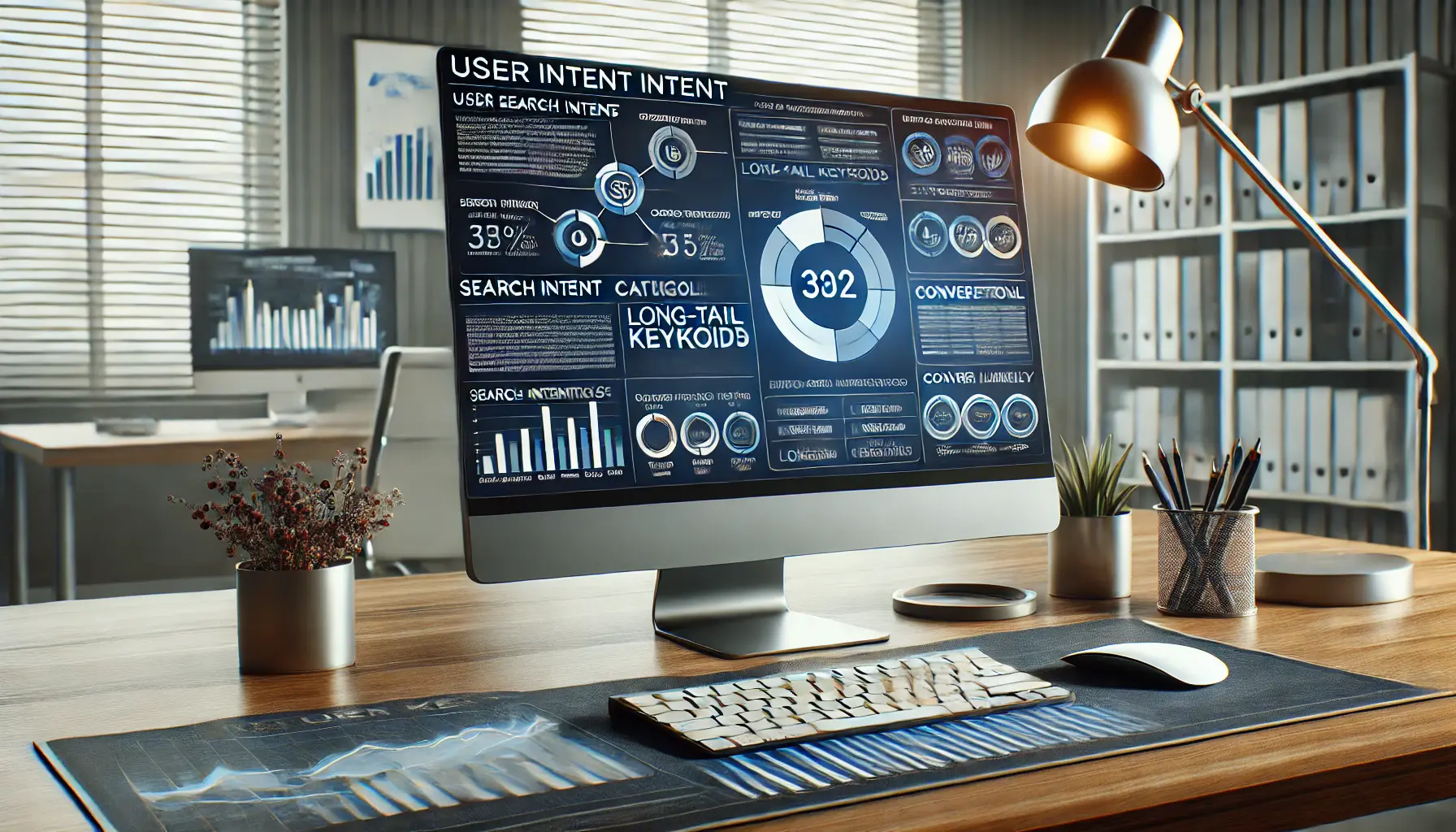 A professional SEO workspace showing user intent analysis for long-tail keywords with charts mapping search behavior