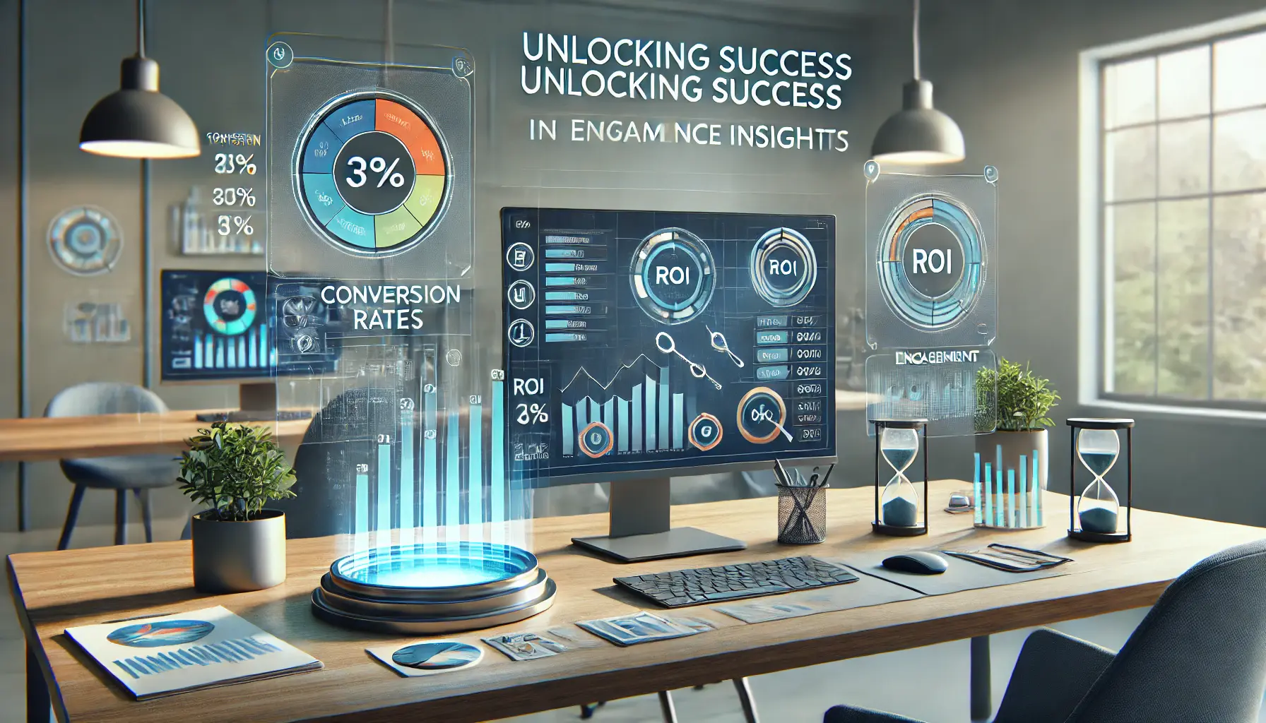 A digital marketing dashboard displaying key performance metrics like conversion rates, ROI, and engagement rates with colorful charts and graphs.