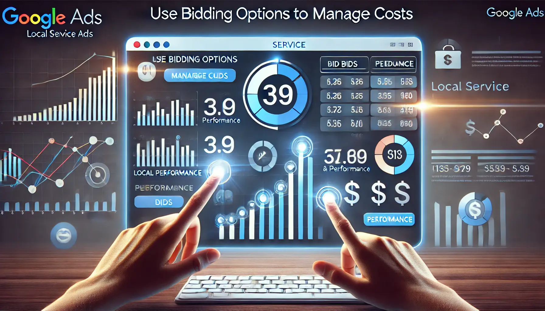 An image showing a digital bidding interface with sliders and budget controls, reflecting the management of ad spend and cost optimization for Local Service Ads.