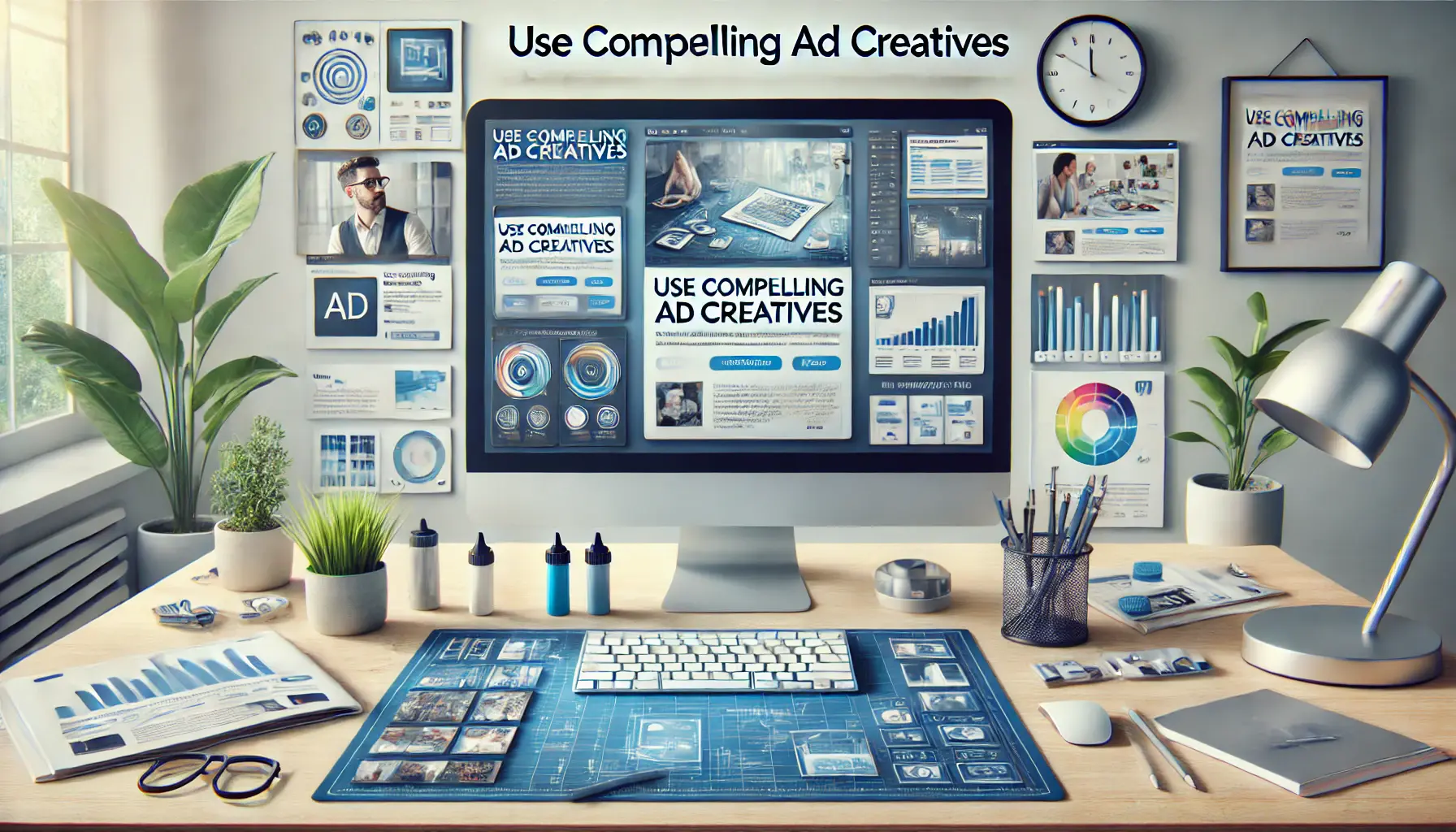 Digital marketing setup with a computer screen displaying an ad design interface and visual editing tools, representing ad creation.