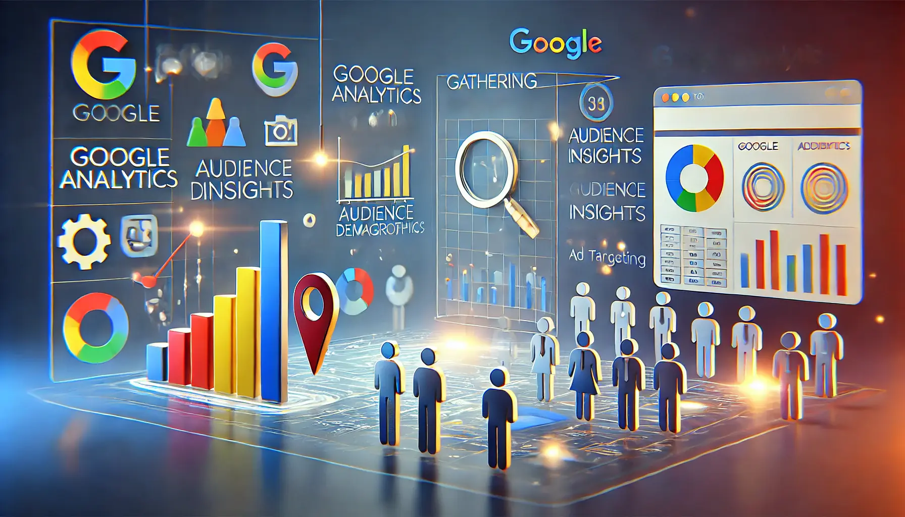 Image illustrating Google Analytics for audience insights with icons for analytics charts, demographics, and data visualization.