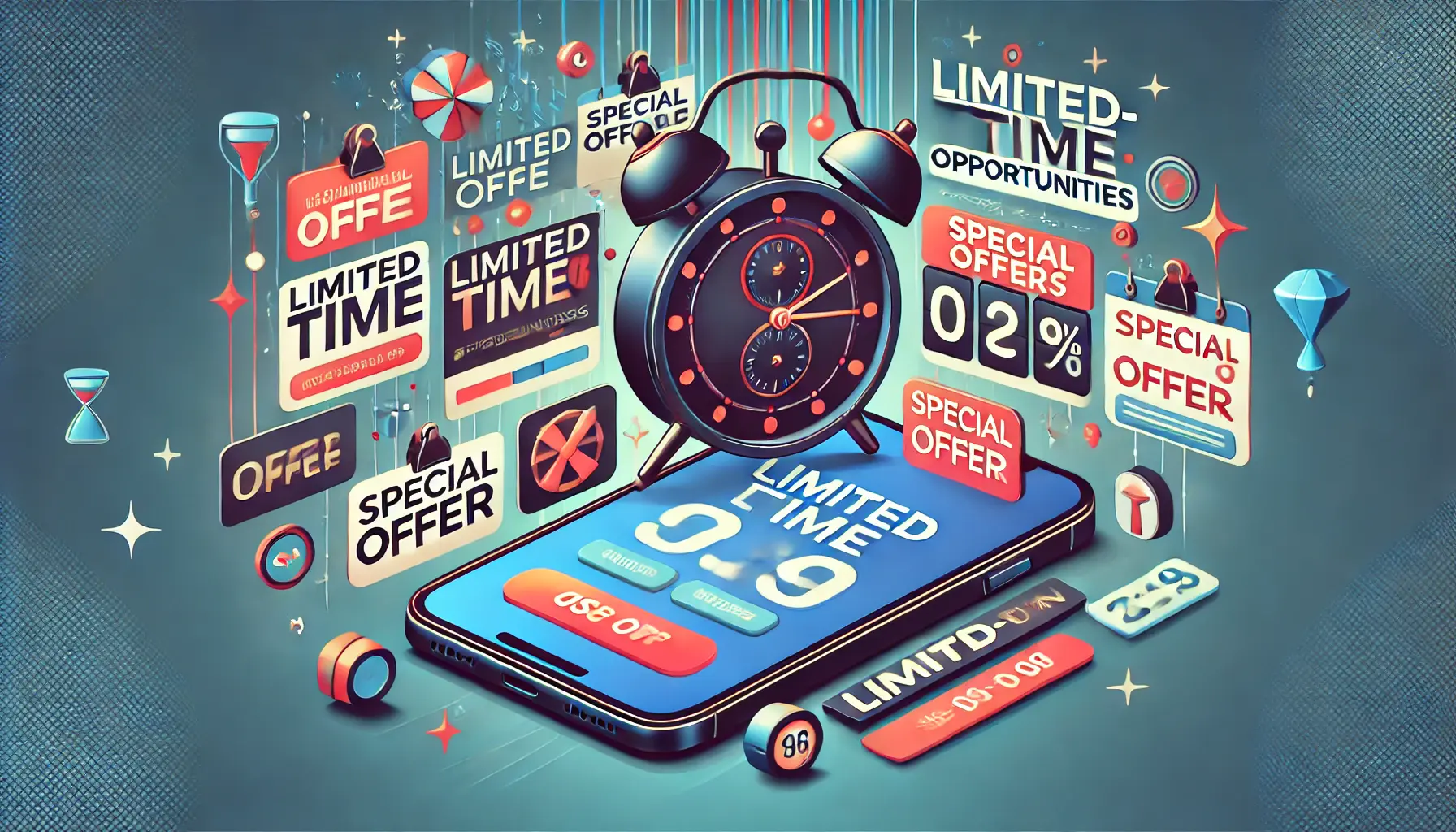 Digital illustration featuring a countdown timer and special offer icons, emphasizing urgency in a mobile app.