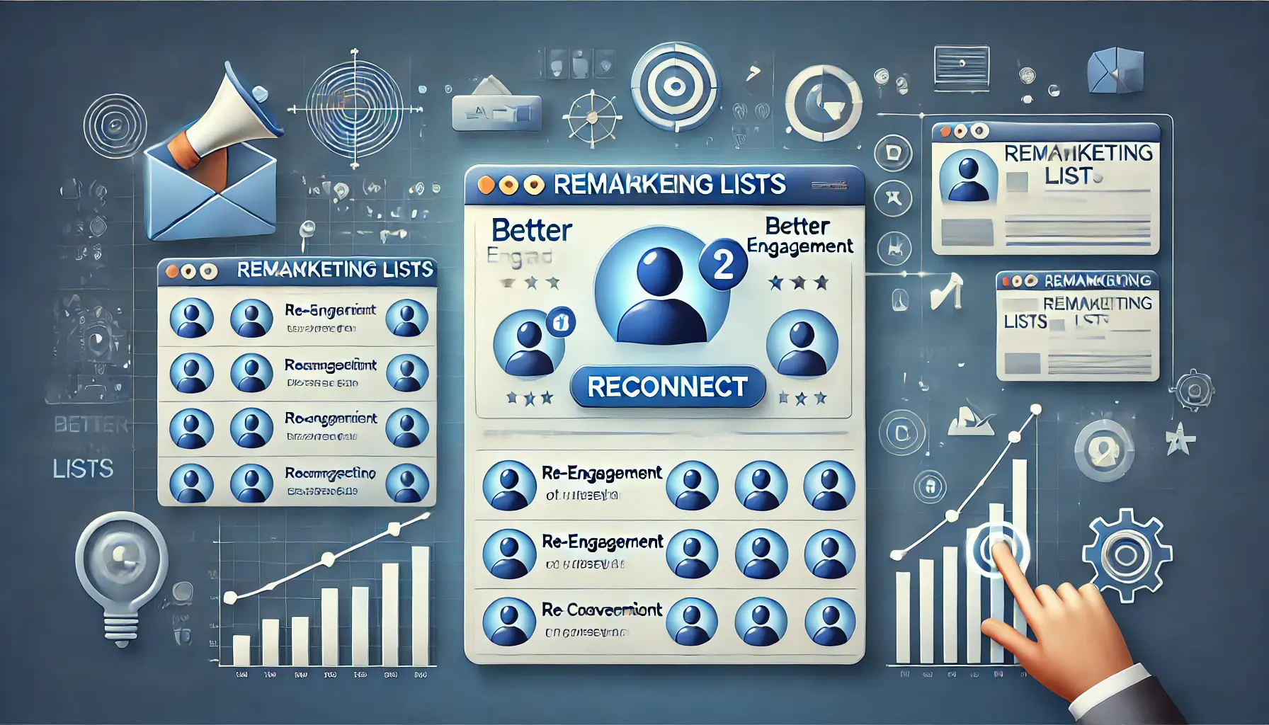 Digital marketing dashboard showing remarketing lists and user re-engagement symbols for improved engagement