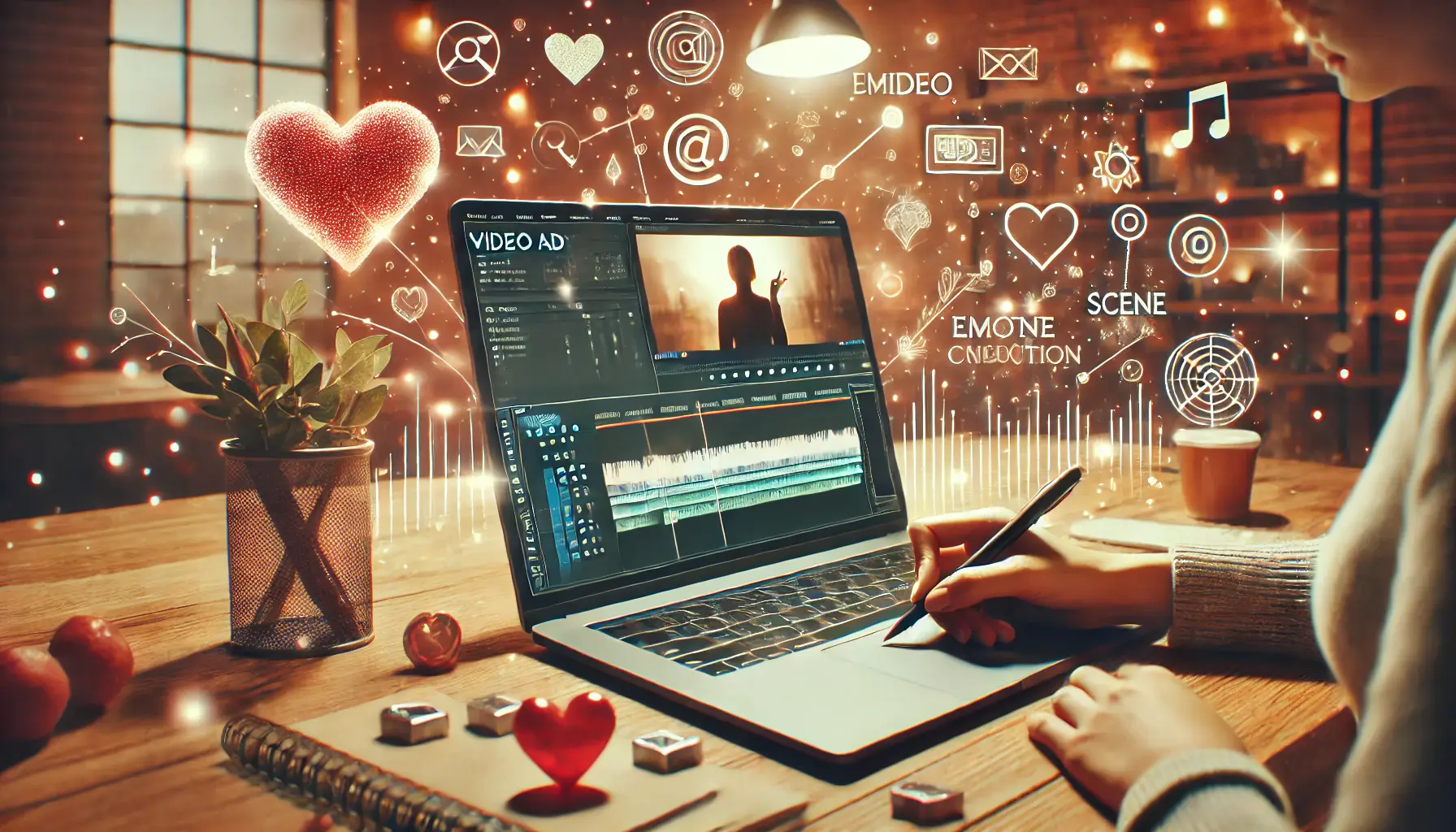 Workspace with a laptop displaying video editing software crafting a narrative scene, surrounded by icons representing emotional engagement.