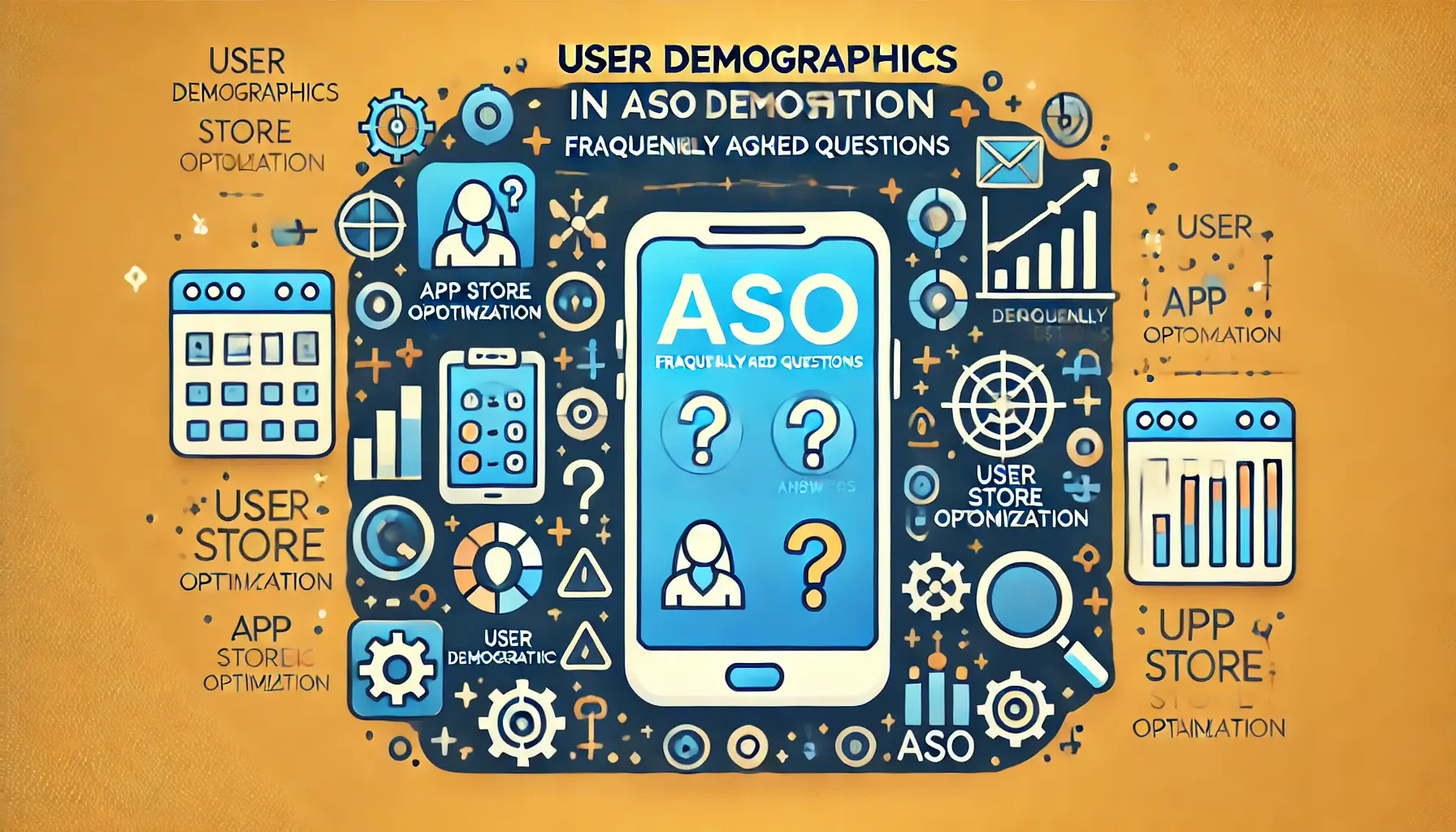 Image representing the concept of answering common questions about user demographics in ASO, featuring icons for questions and answers, a mobile app interface, and demographic symbols.