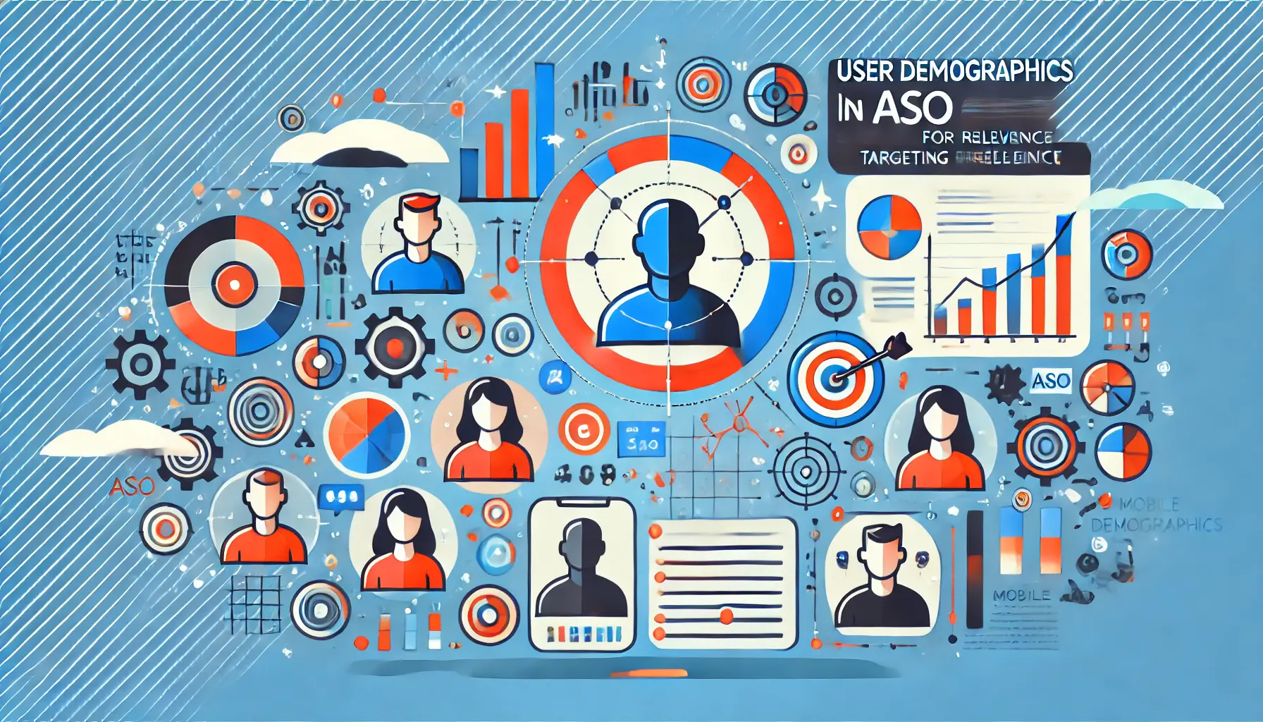 Abstract image representing diverse user profiles, mobile app interfaces, and data analytics symbols for user demographic targeting in ASO.