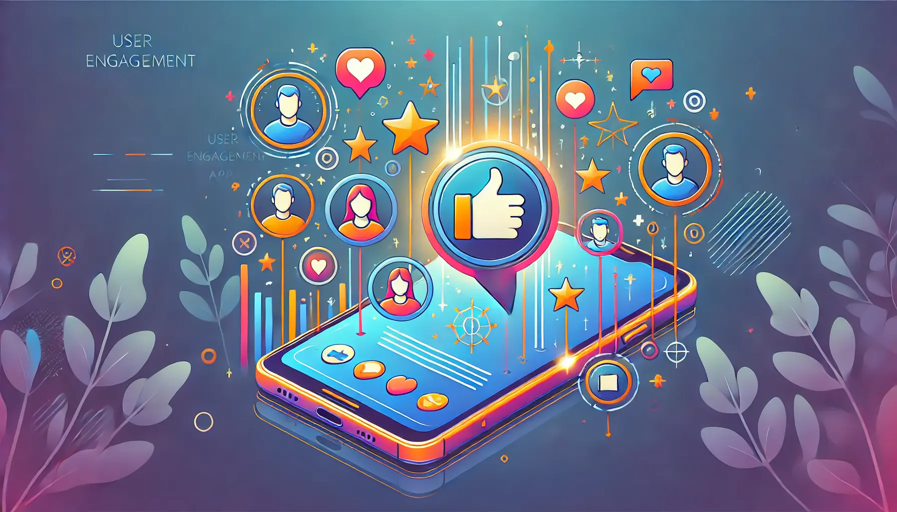 Digital illustration featuring a mobile device with interactive elements like user avatars and engagement icons, symbolizing user interaction in apps.