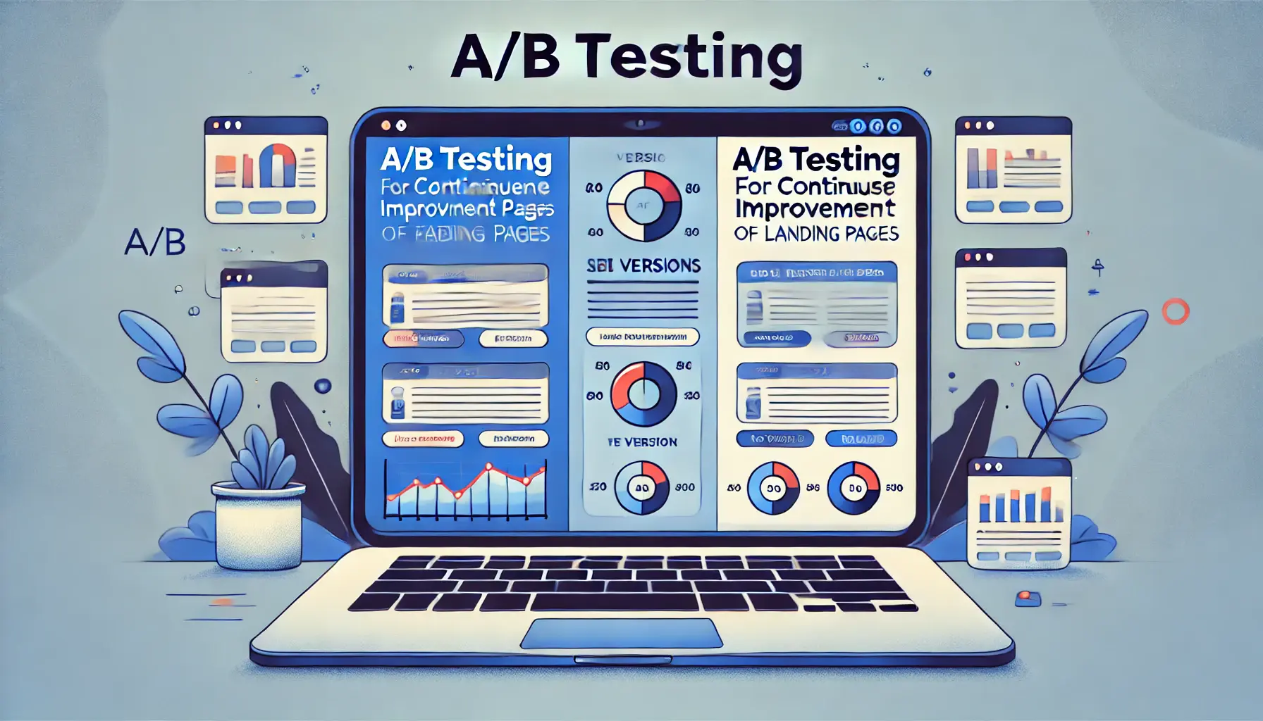 Illustration of split-screen A/B testing with two versions of a landing page displayed side by side on a laptop.