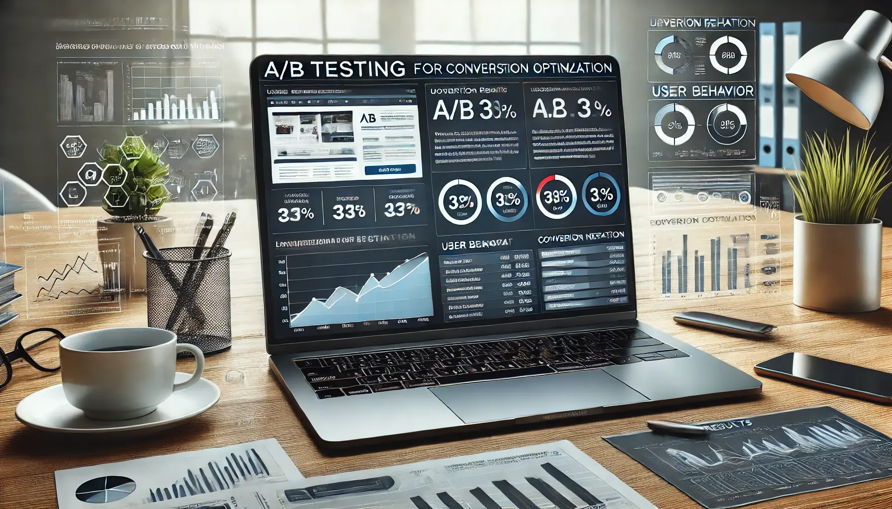 A digital workspace showing two versions of a webpage side by side for A/B testing, with charts displaying conversion rates and user interaction data.