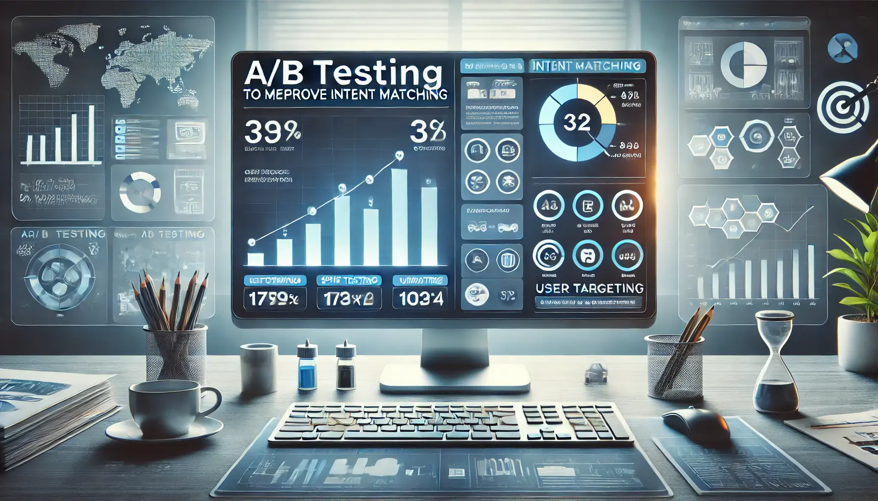 Workspace with computer displaying A/B testing dashboard with performance metrics for ad versions.