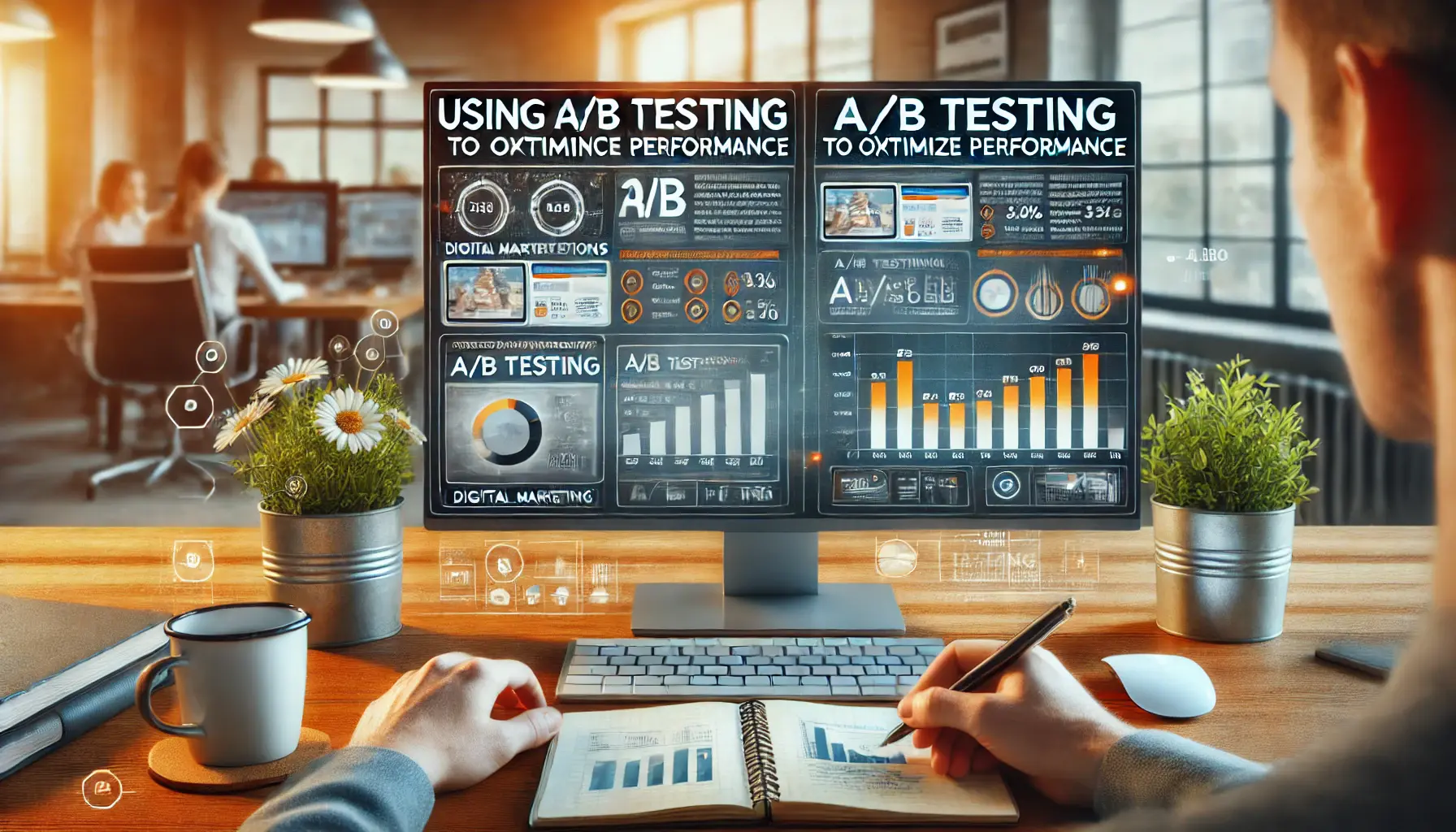 A digital marketing professional analyzing two different ad versions on a computer screen in a modern office.