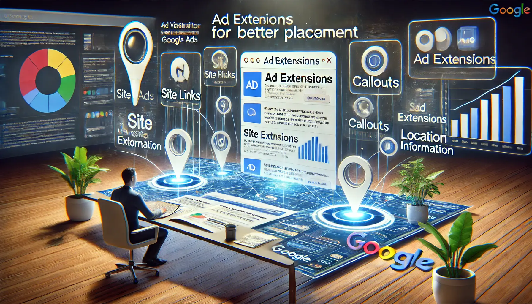 A realistic illustration depicting the use of ad extensions for better placement in Google Ads, featuring a search engine results page (SERP) with ads showing various ad extensions.