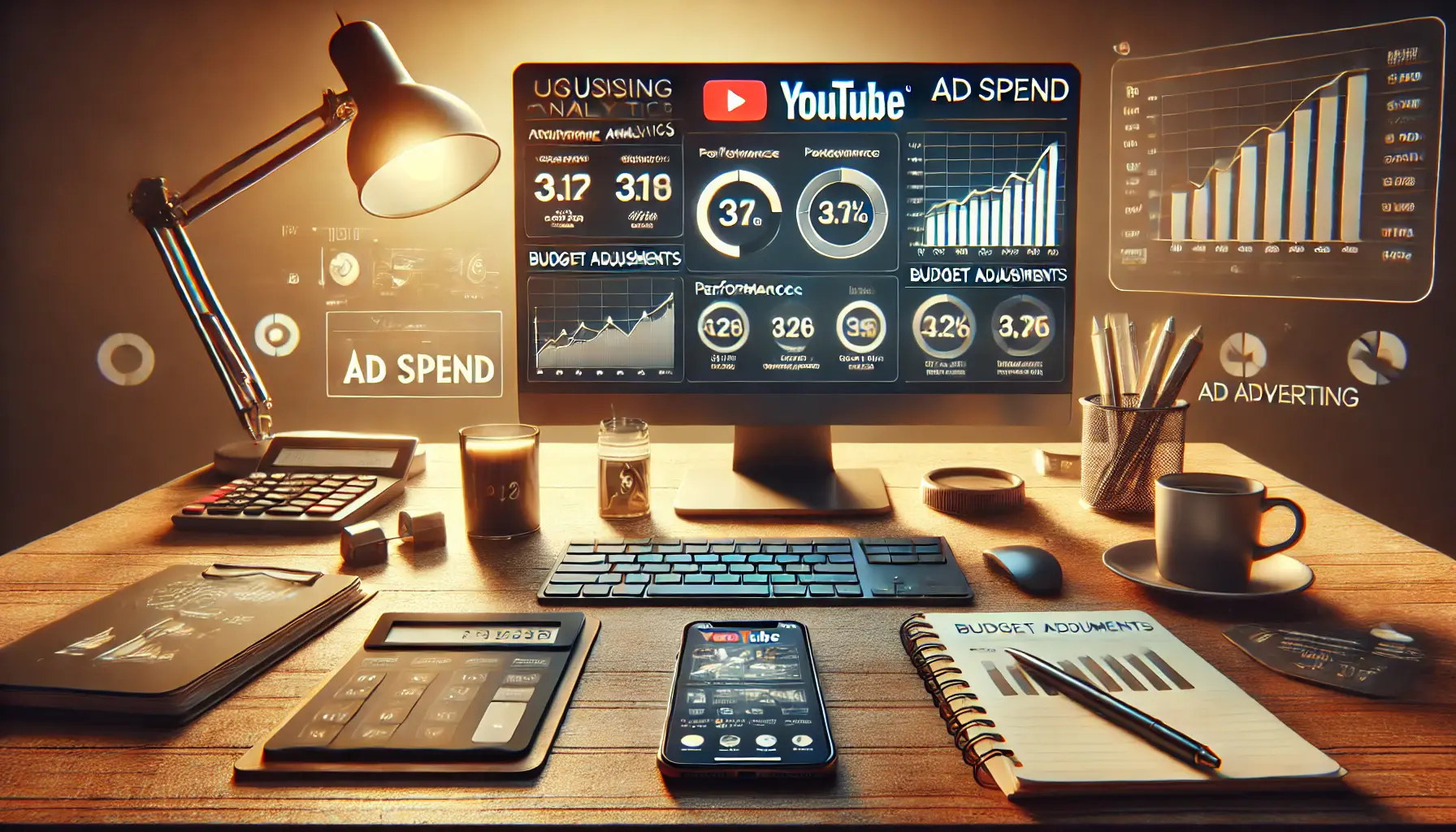 A realistic image of a workspace with a computer displaying YouTube ad analytics and budget settings, symbolizing optimization of ad spend through analytics.