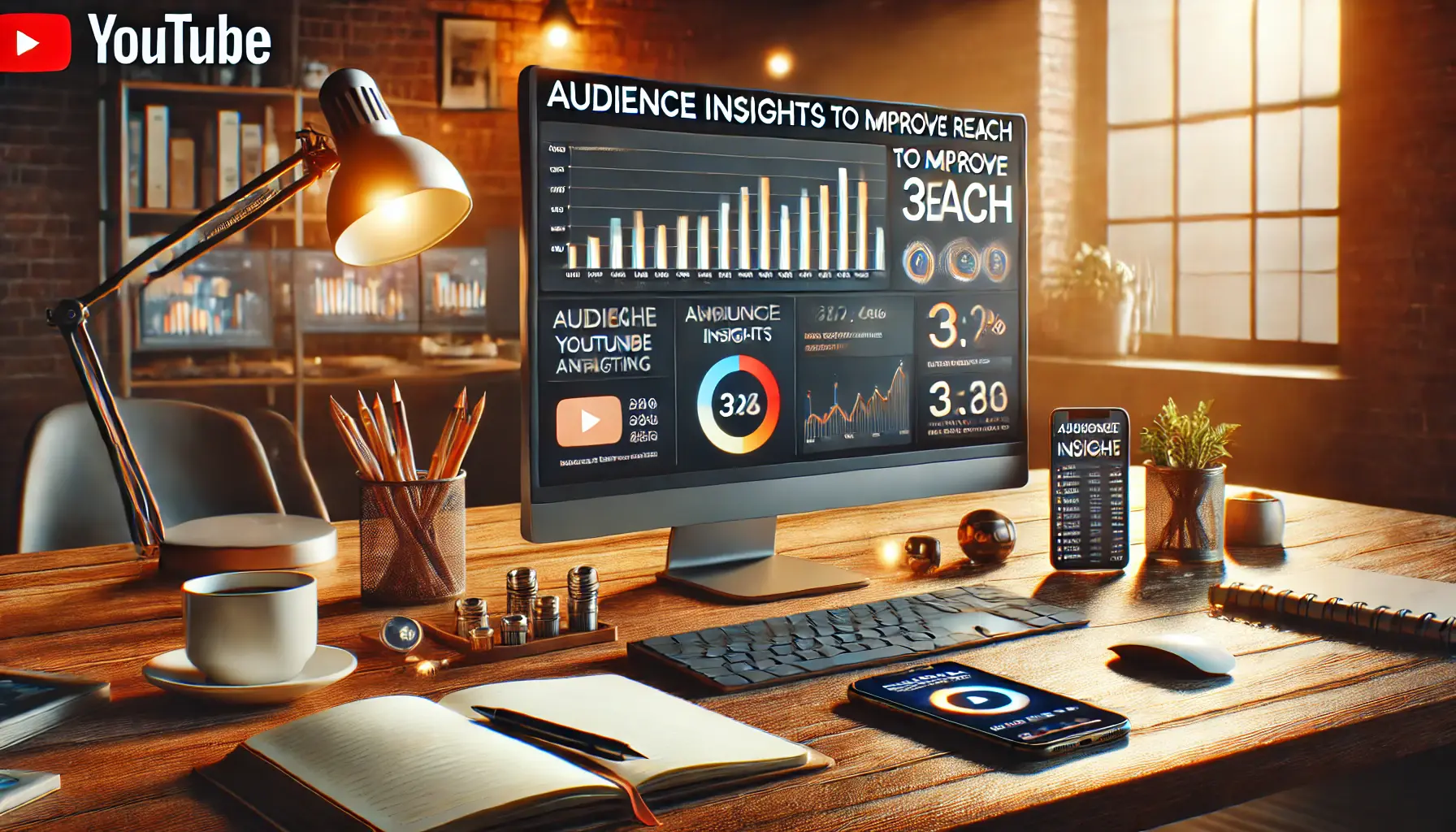 A realistic image of a workspace showing YouTube audience analytics on a computer, symbolizing the use of audience insights to enhance advertising reach.