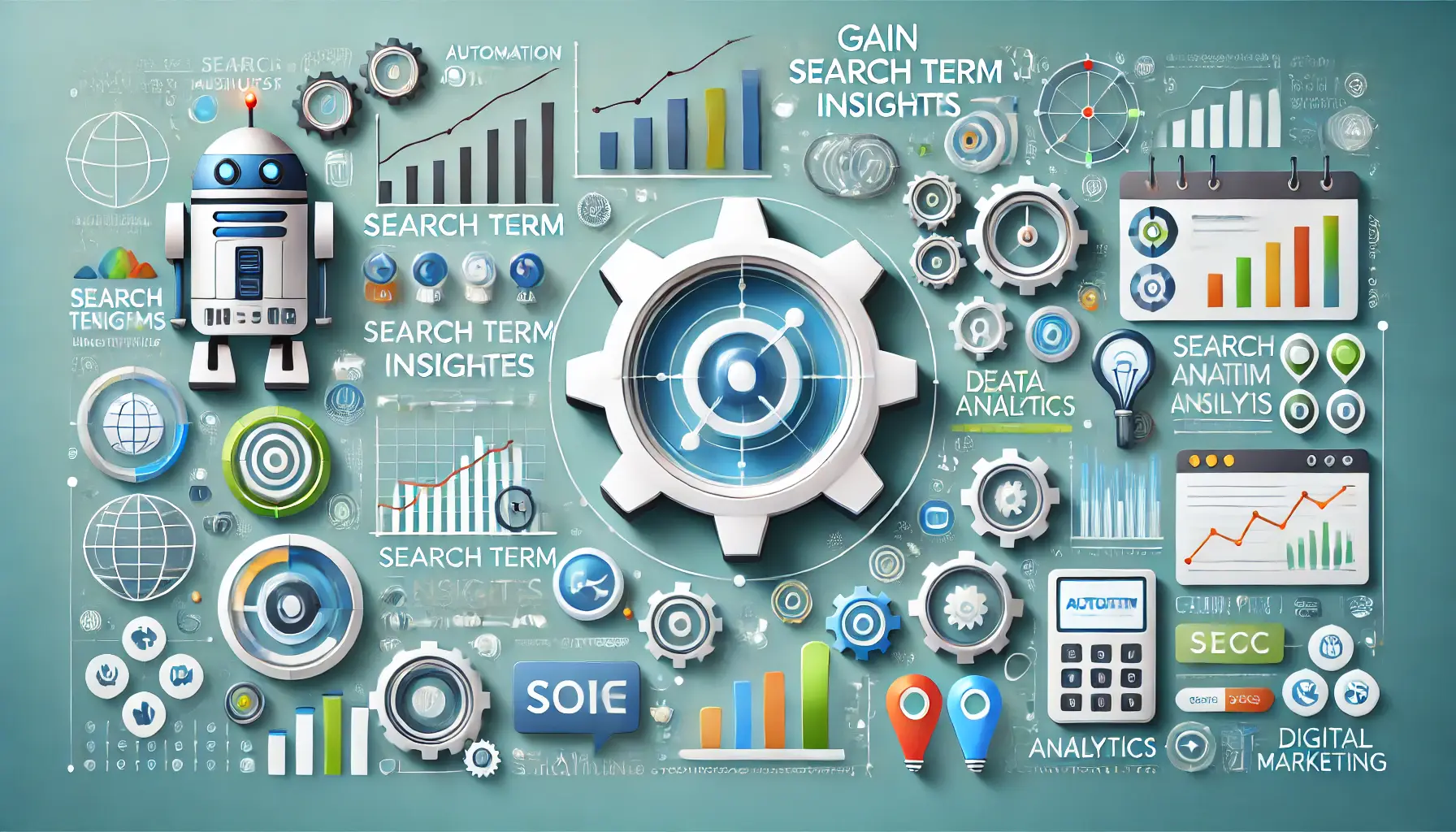 Visual representation of using automation for search term insights featuring workflow diagrams, robotic symbols, and analytics tools