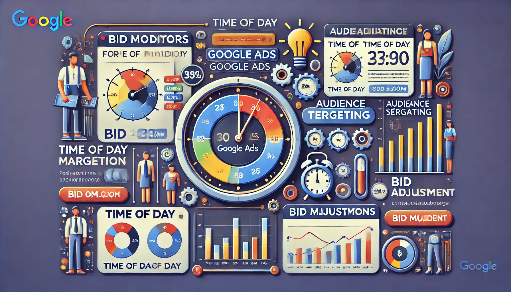 A detailed digital marketing illustration showcasing bid modifiers for time of day and audience targeting, featuring clocks and performance charts.