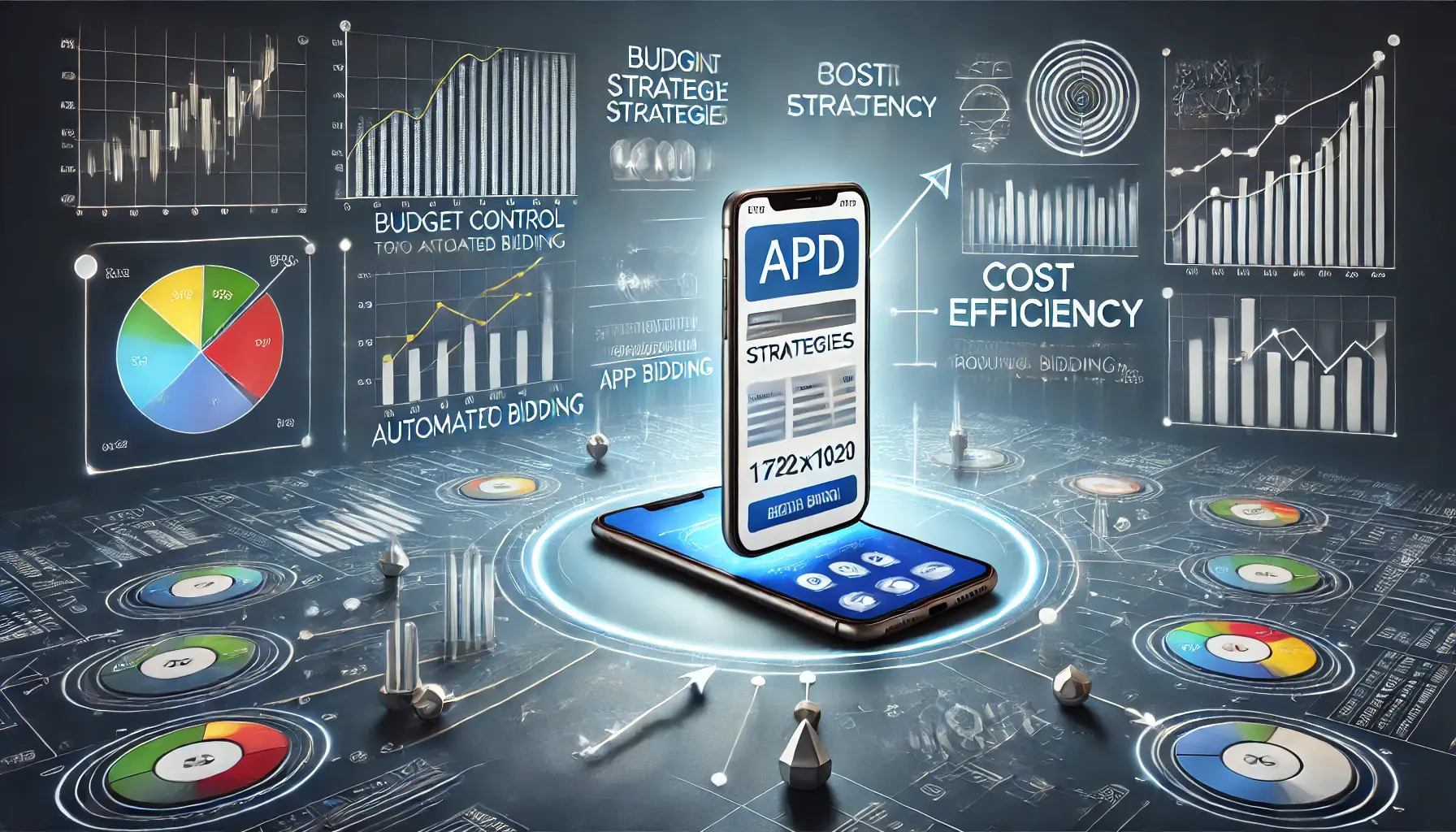 Smartphone displaying app ad with graphs and arrows symbolizing bidding strategies for cost efficiency