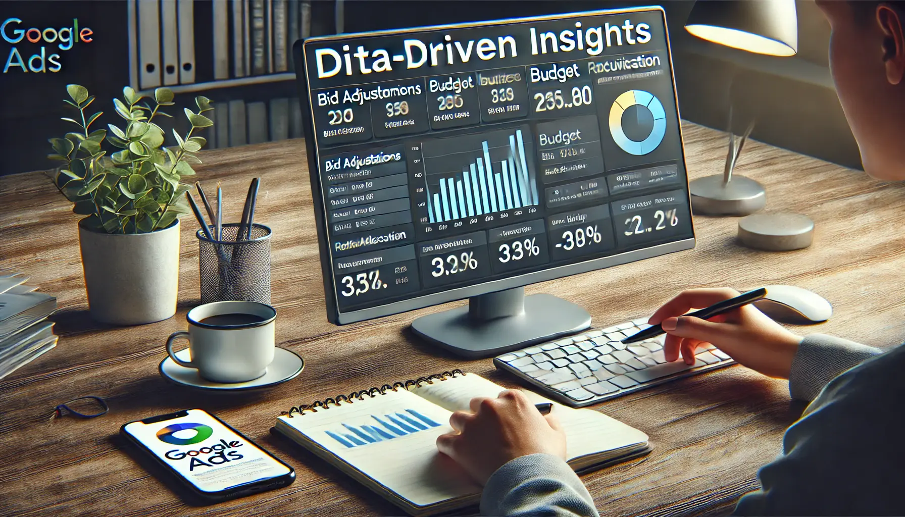 Digital marketer using data-driven insights on a Google Ads dashboard to optimize campaign performance, focusing on bid adjustments and budget allocation.