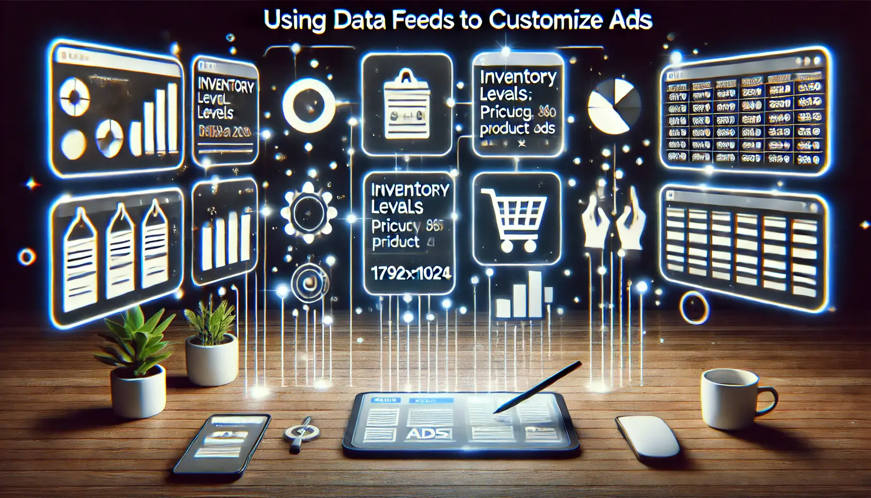 A digital workspace showing an ad interface with icons representing data feeds, including inventory, pricing, and product details for dynamic customization.