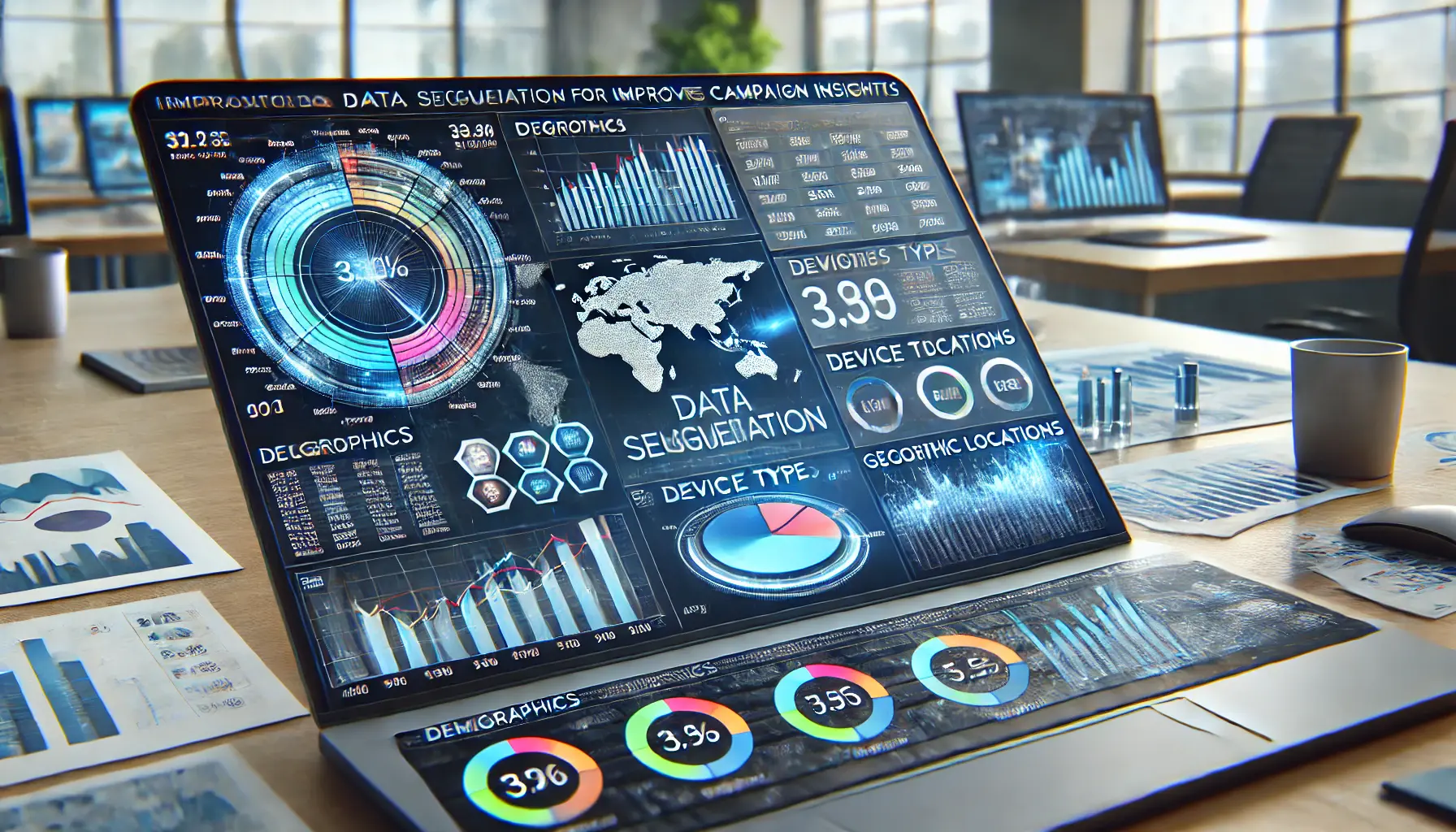 A marketing dashboard displaying segmented data categories like demographics, device types, and geographic locations with charts and graphs illustrating performance.