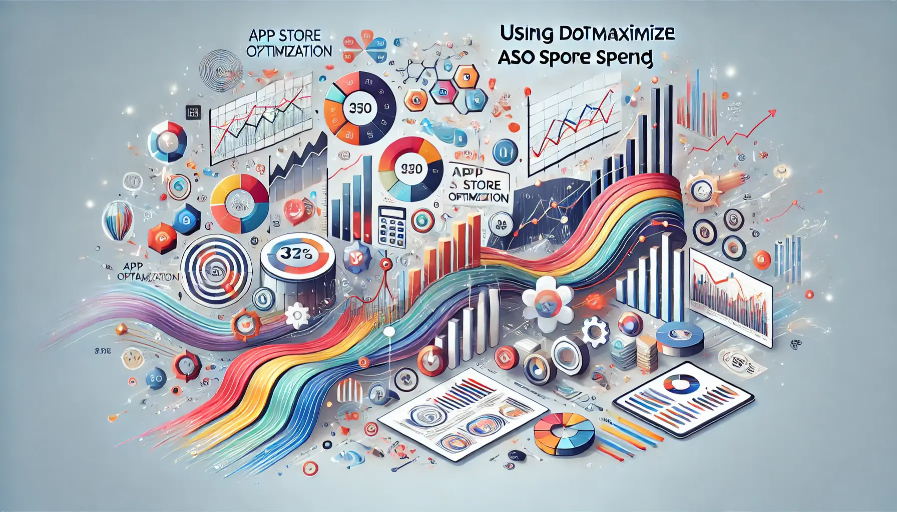 Abstract image symbolizing data-driven decision-making in ASO spending with visuals of data charts, analytics graphs, and flowing data streams.