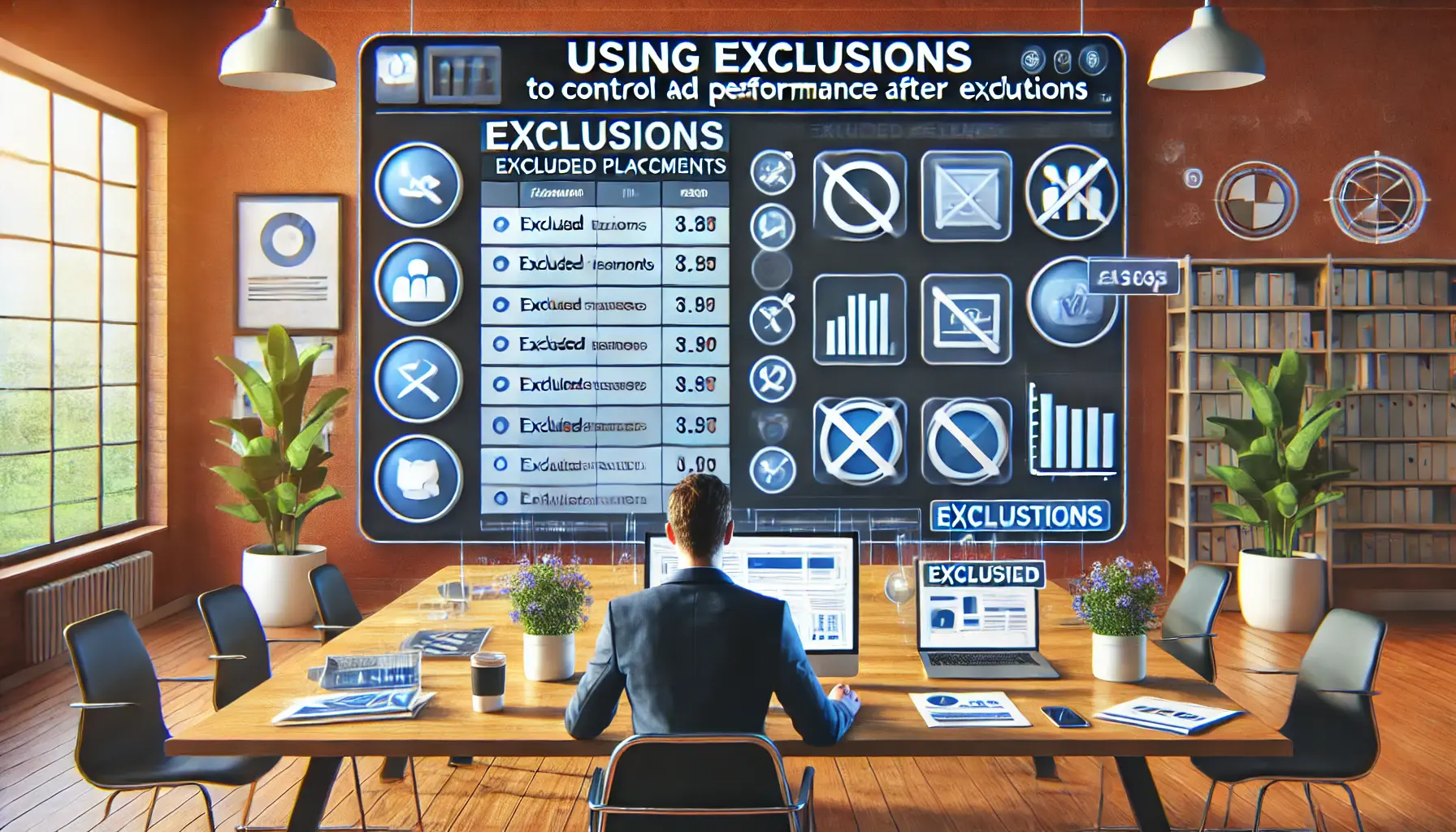 Digital marketing professional analyzing excluded ad placements on a dashboard interface.