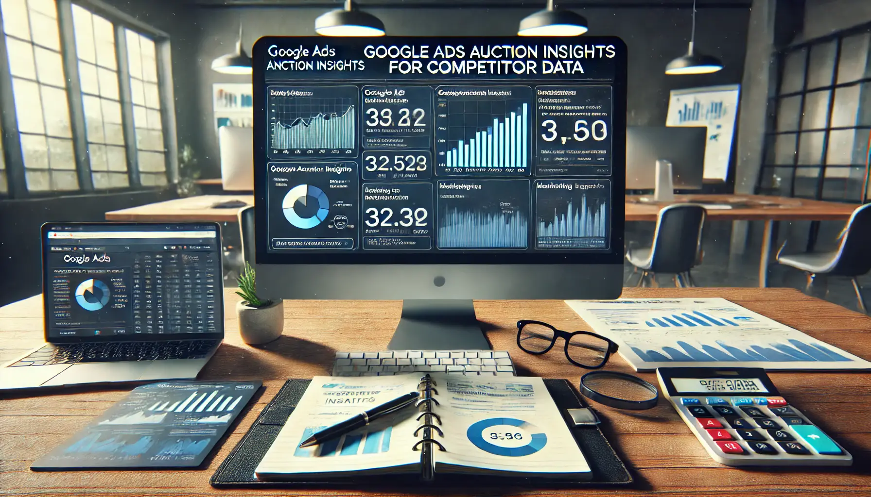 An analytical digital marketing environment showcasing Google Ads Auction Insights with charts and graphs.