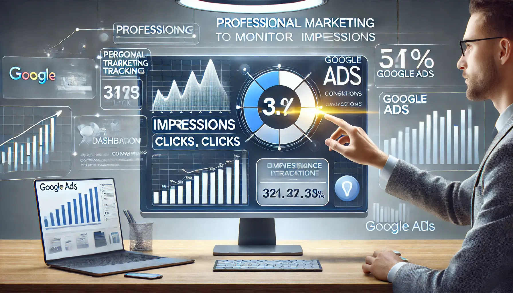 Visualization of the Google Ads dashboard used to monitor impressions, with graphs and charts showing impressions, clicks, and conversions.