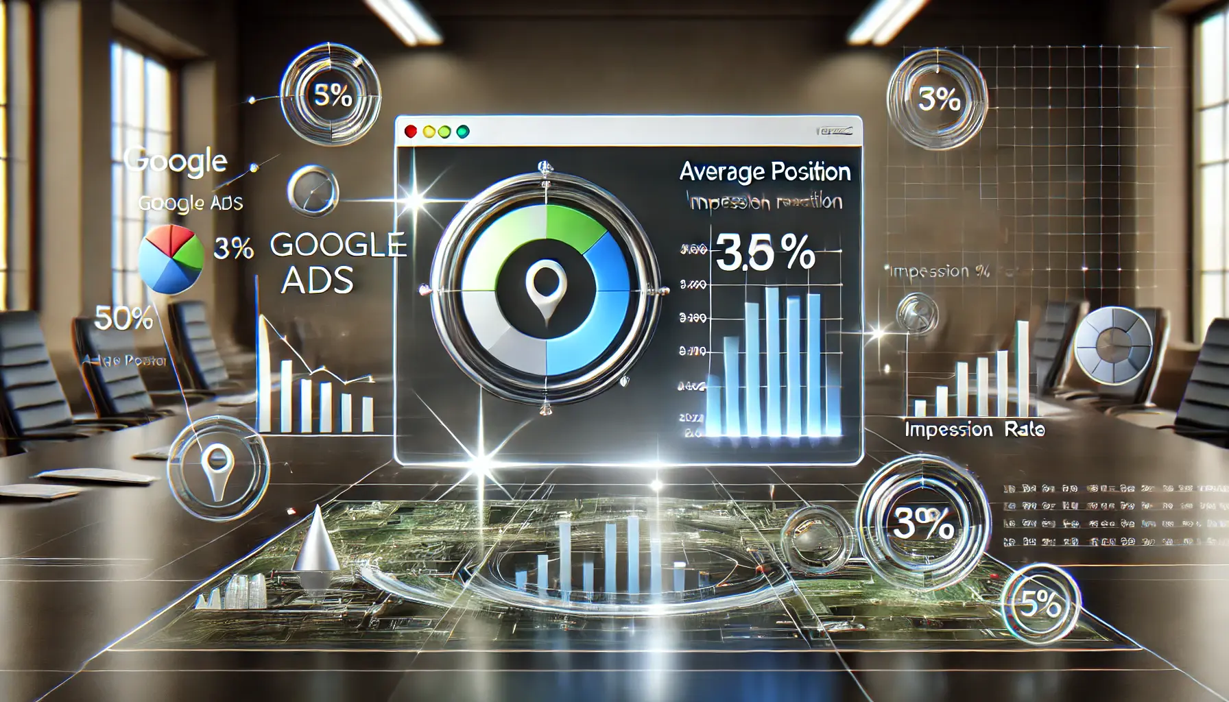 A Google Ads dashboard displaying key metrics like average position, impression percentages, and click-through rates, with abstract symbols representing data analysis and tracking.