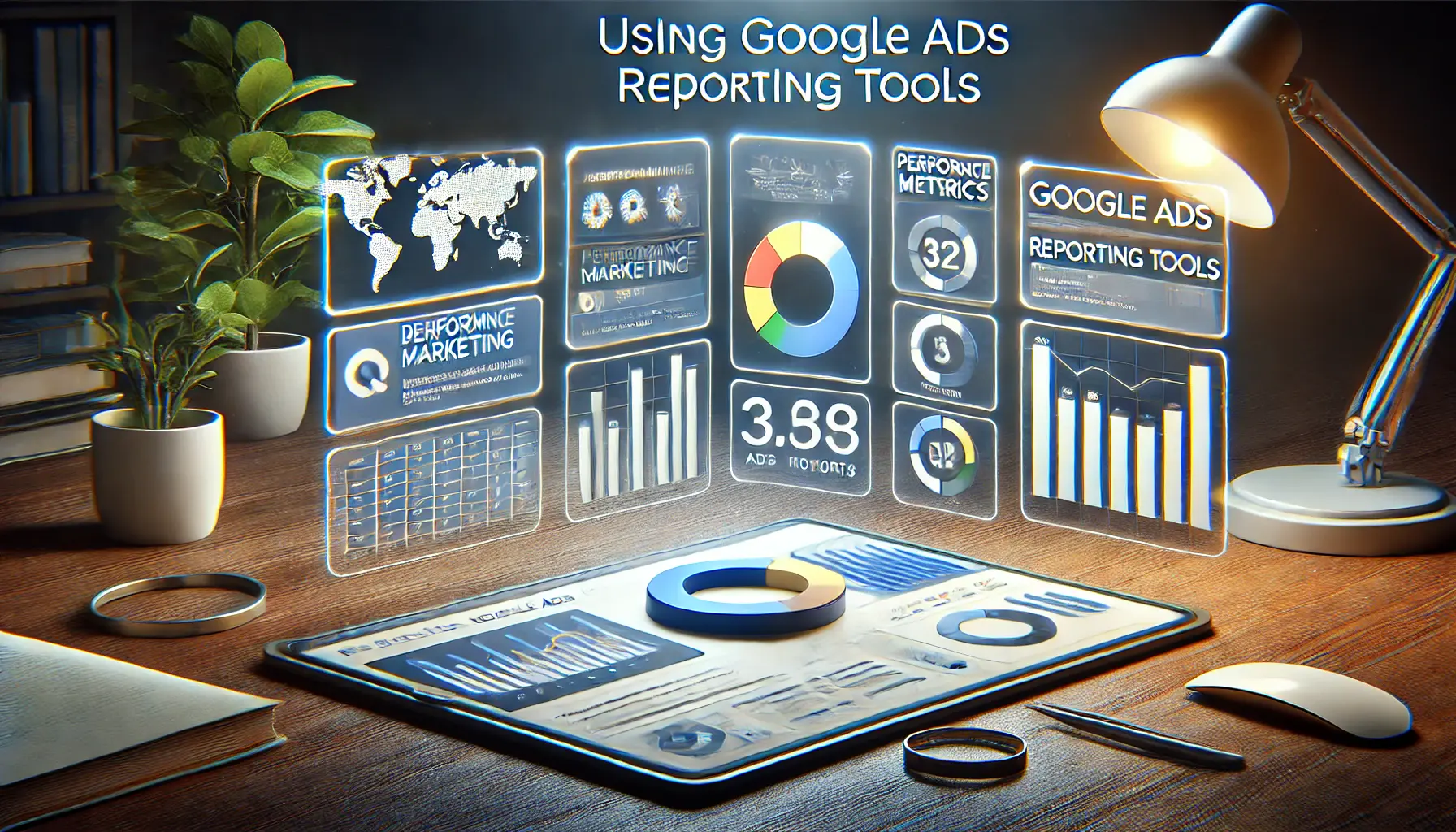 A digital marketing dashboard showcasing reporting tools with performance charts, key metrics, and report generation options for analyzing Google Ads performance.