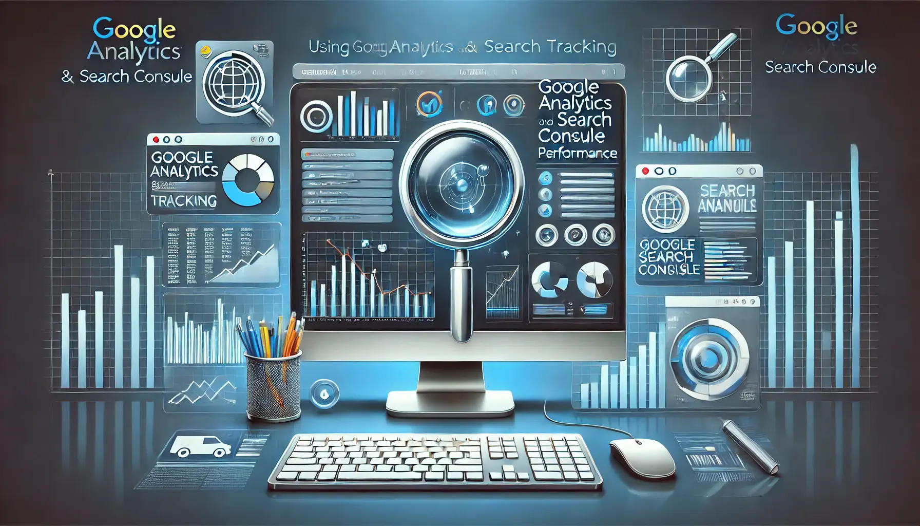 A computer screen displaying Google Analytics and Search Console tools with performance metrics, charts, and graphs, representing data-driven performance tracking.