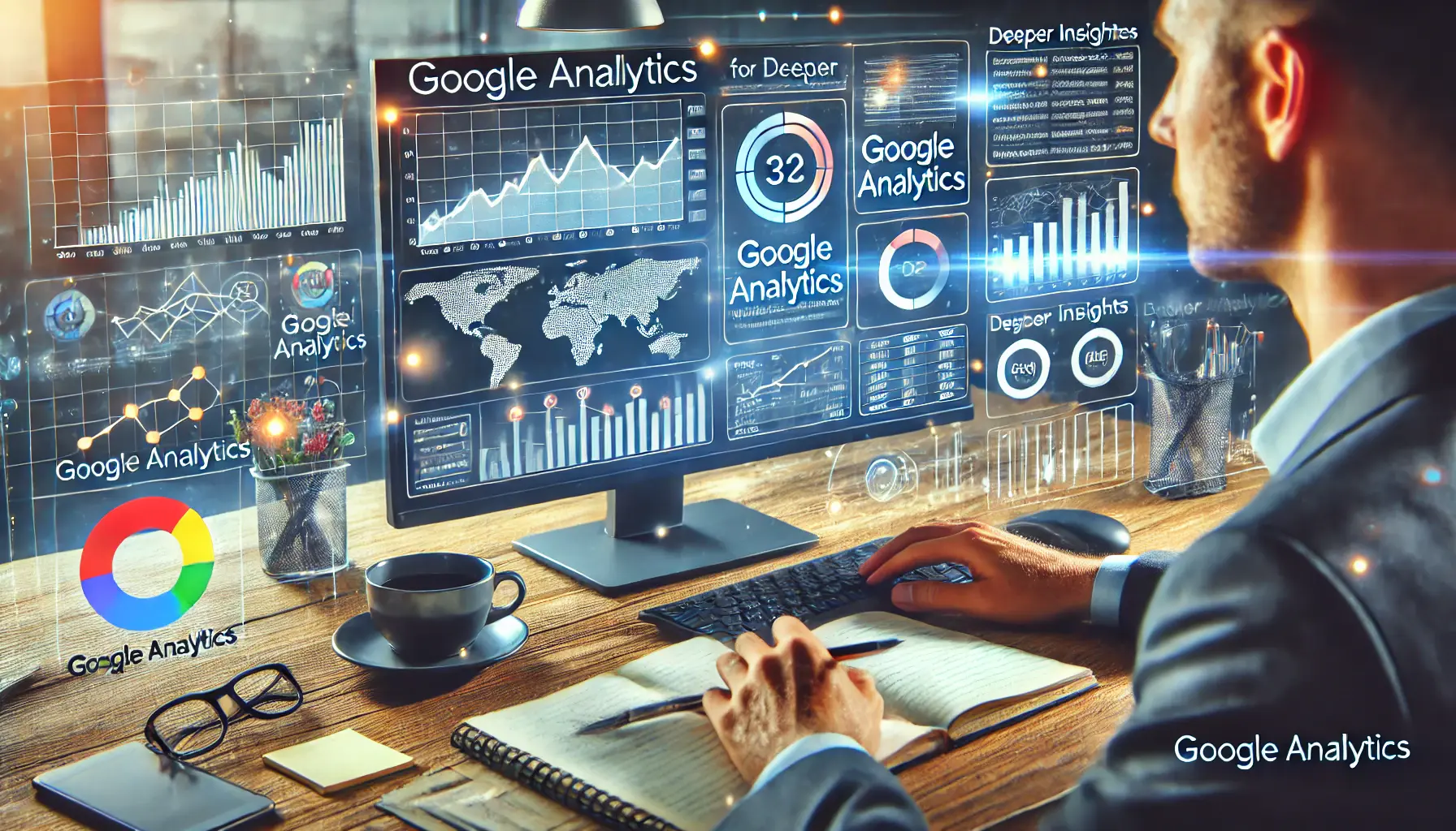 A digital marketing analyst reviewing Google Analytics dashboards in a modern office.