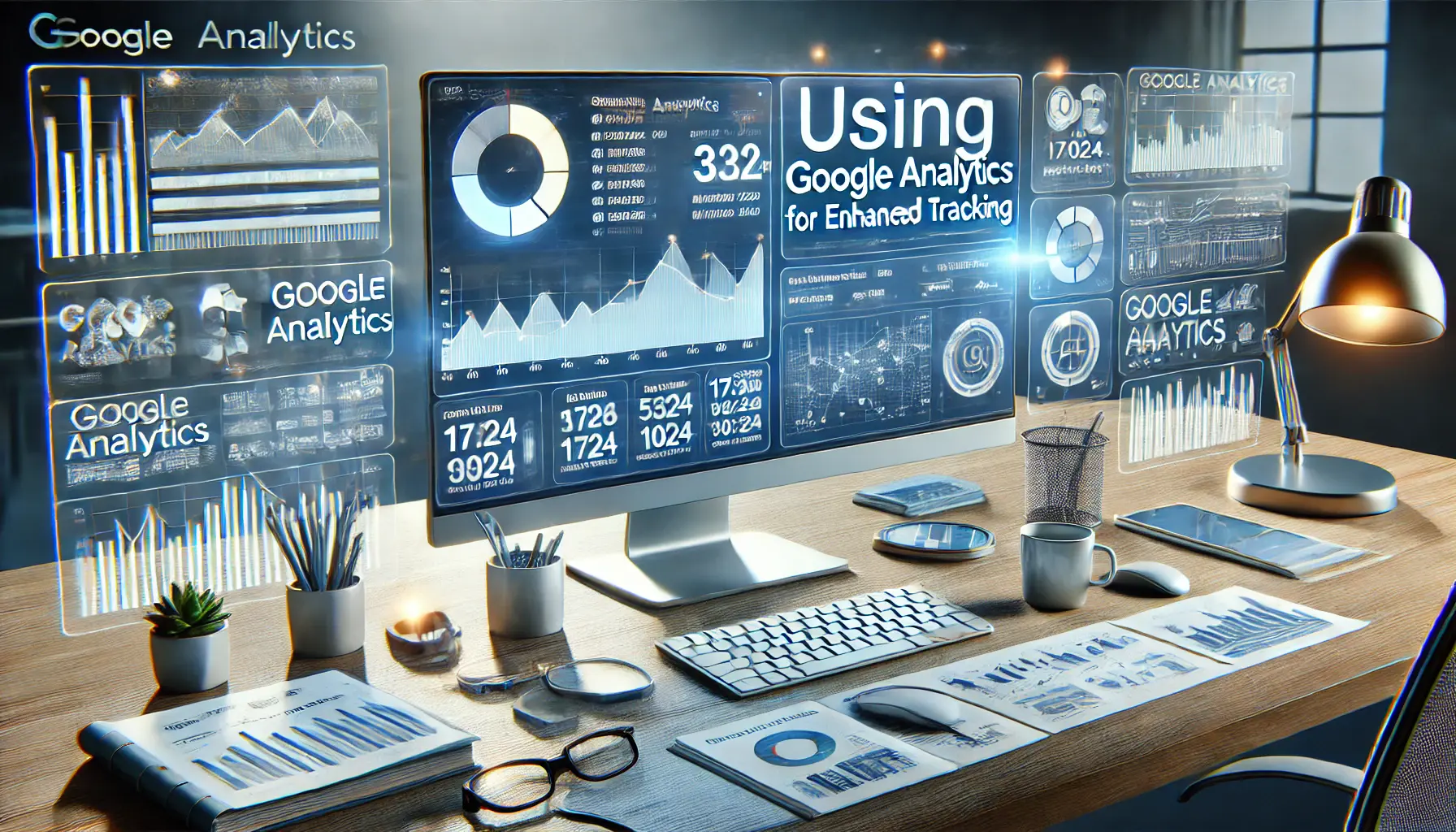 Image depicting a digital workspace with a computer showing the Google Analytics dashboard, featuring various metrics and visualizations.