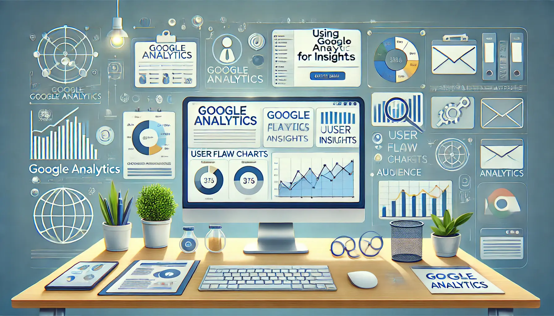 Digital marketing setup with a computer screen showing Google Analytics dashboards, user flow charts, and audience insights.