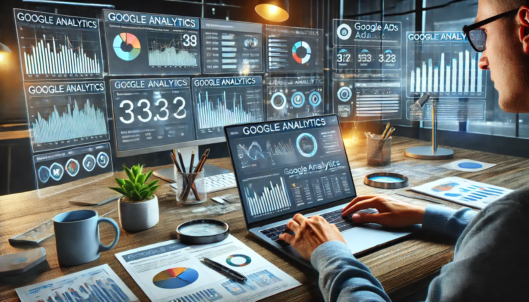 A digital marketing workspace where a professional is analyzing reports on Google Analytics, showing user behavior, traffic sources, and conversion rates on a laptop, with real-time data on additional monitors.