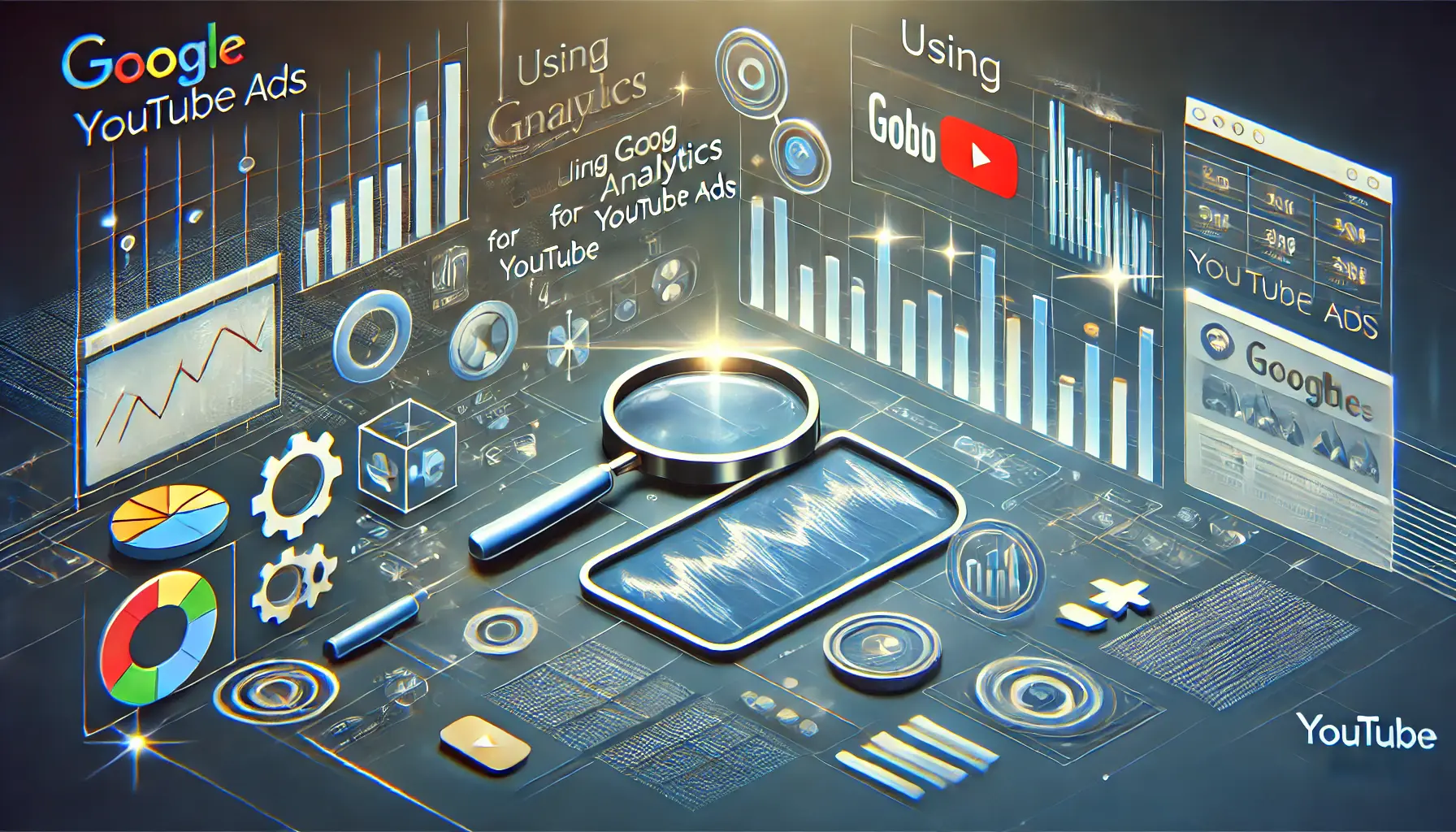 An image symbolizing the use of analytics for tracking and optimizing YouTube ads, featuring abstract visuals of data dashboards, graphs, and digital metrics.