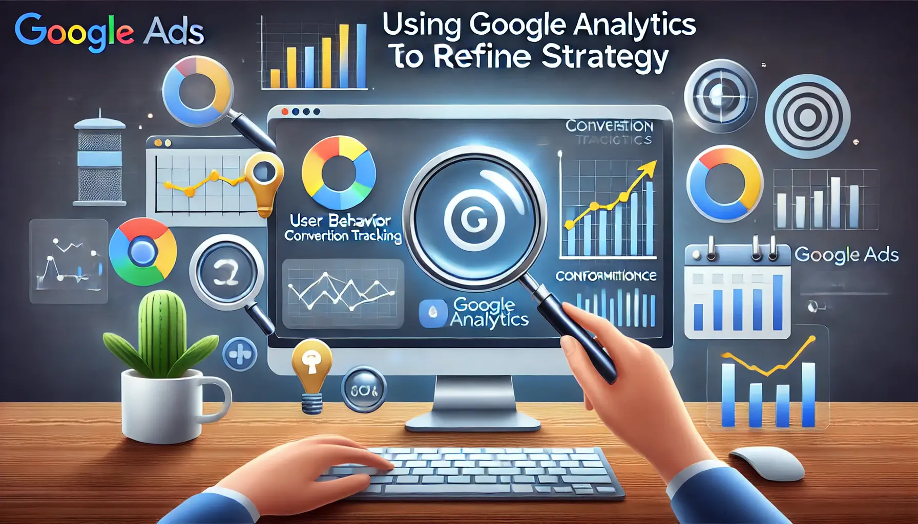 A digital workspace with icons for Google Analytics elements like user behavior flow, conversion tracking, and performance insights, symbolizing strategy refinement.