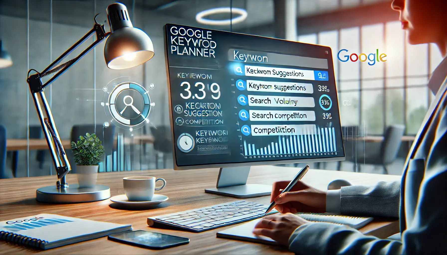 A visual representation of using Google Keyword Planner, showing a computer screen with its interface.