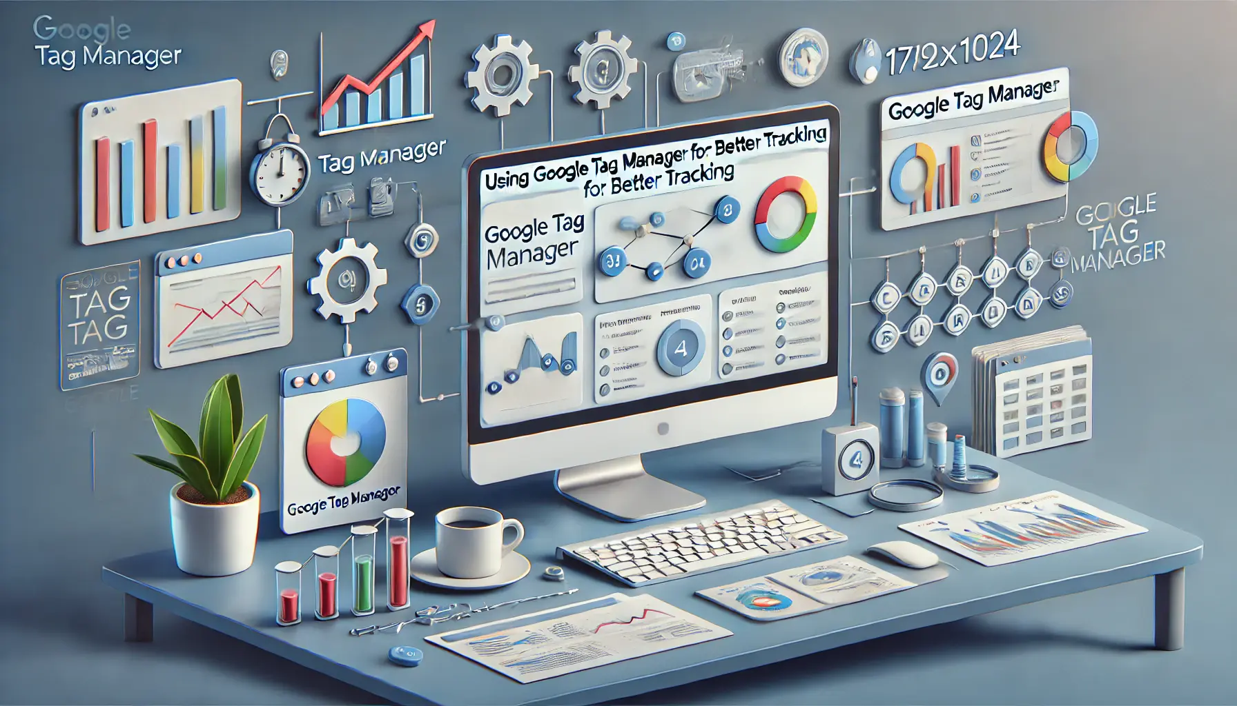 Image depicting a digital workspace with a computer showing the Google Tag Manager interface, highlighting tag configurations and tracking setups.