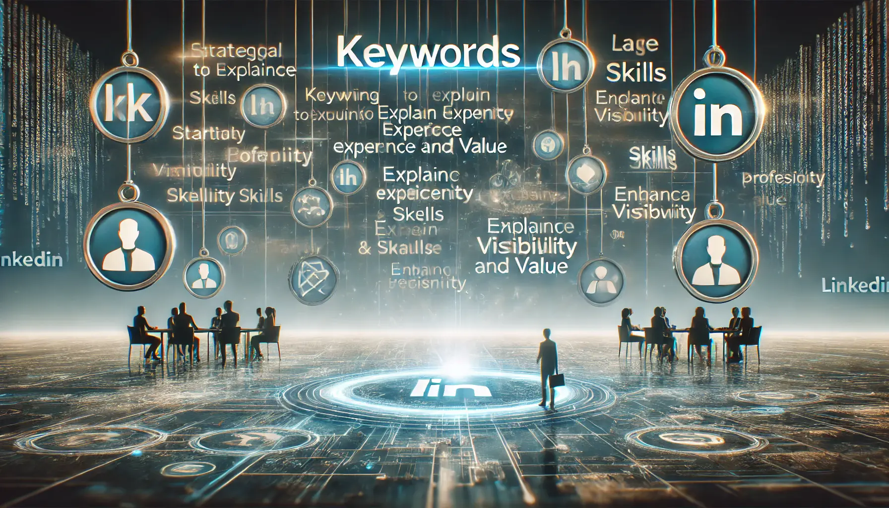 A digital environment showing keywords dynamically connected to professional profiles, symbolizing the strategic use of language to communicate value.