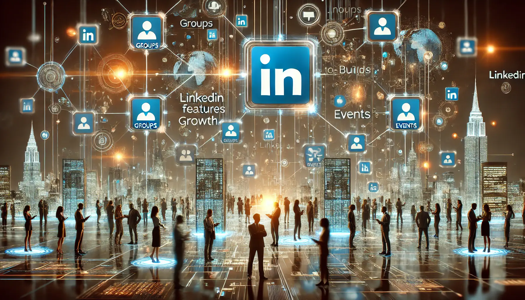 A digital environment where LinkedIn tools and features, such as groups, events, and connections, are used to foster community growth, symbolized by interconnected networks and holographic displays.