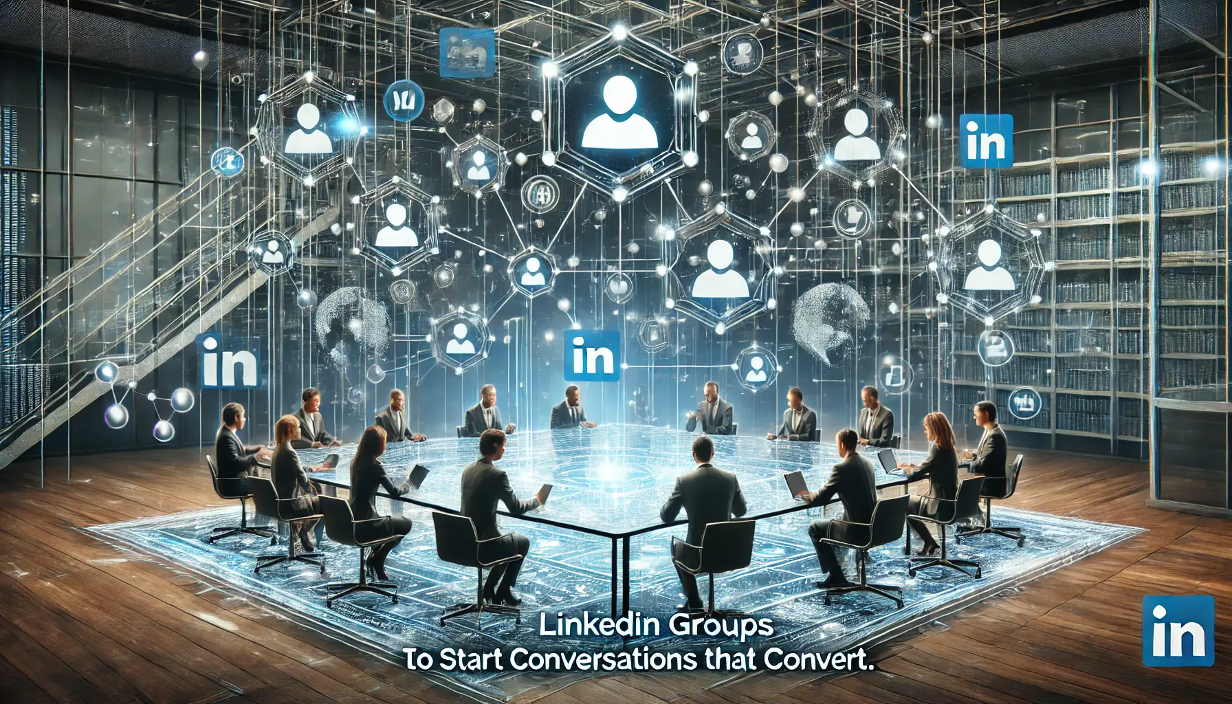 A digital group setting where professionals engage in discussions, symbolized by interconnected profiles and digital nodes exchanging ideas.