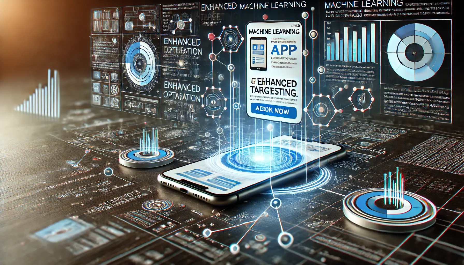 Smartphone displaying app ad with interconnected lines and data points symbolizing machine learning