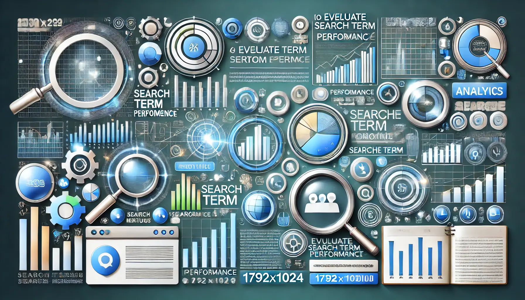 Visual representation of metrics for evaluating search term performance with icons for graphs, charts, and dashboards