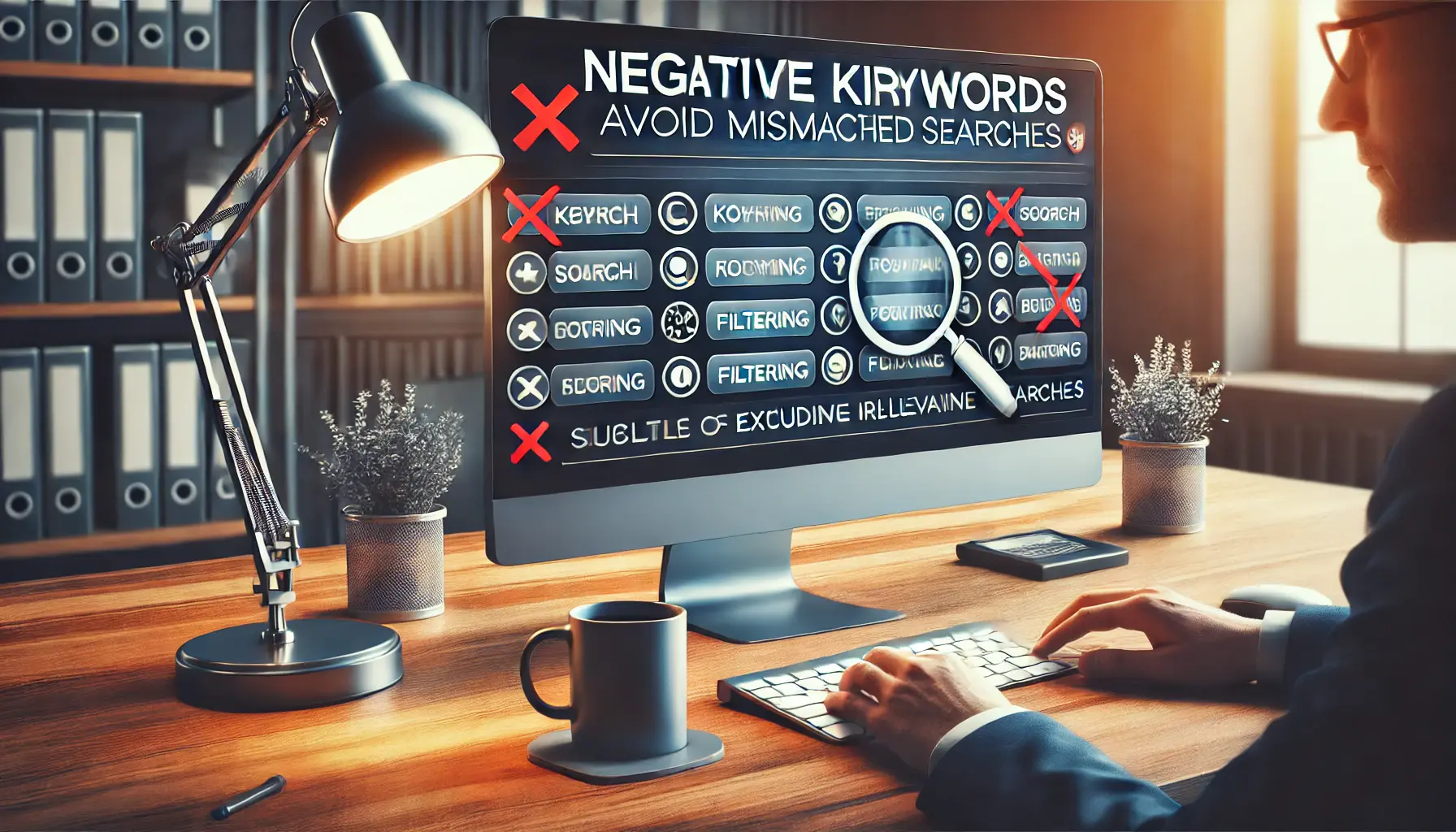 Workspace with computer displaying keyword selection tools, highlighting filtering options to avoid mismatched searches.